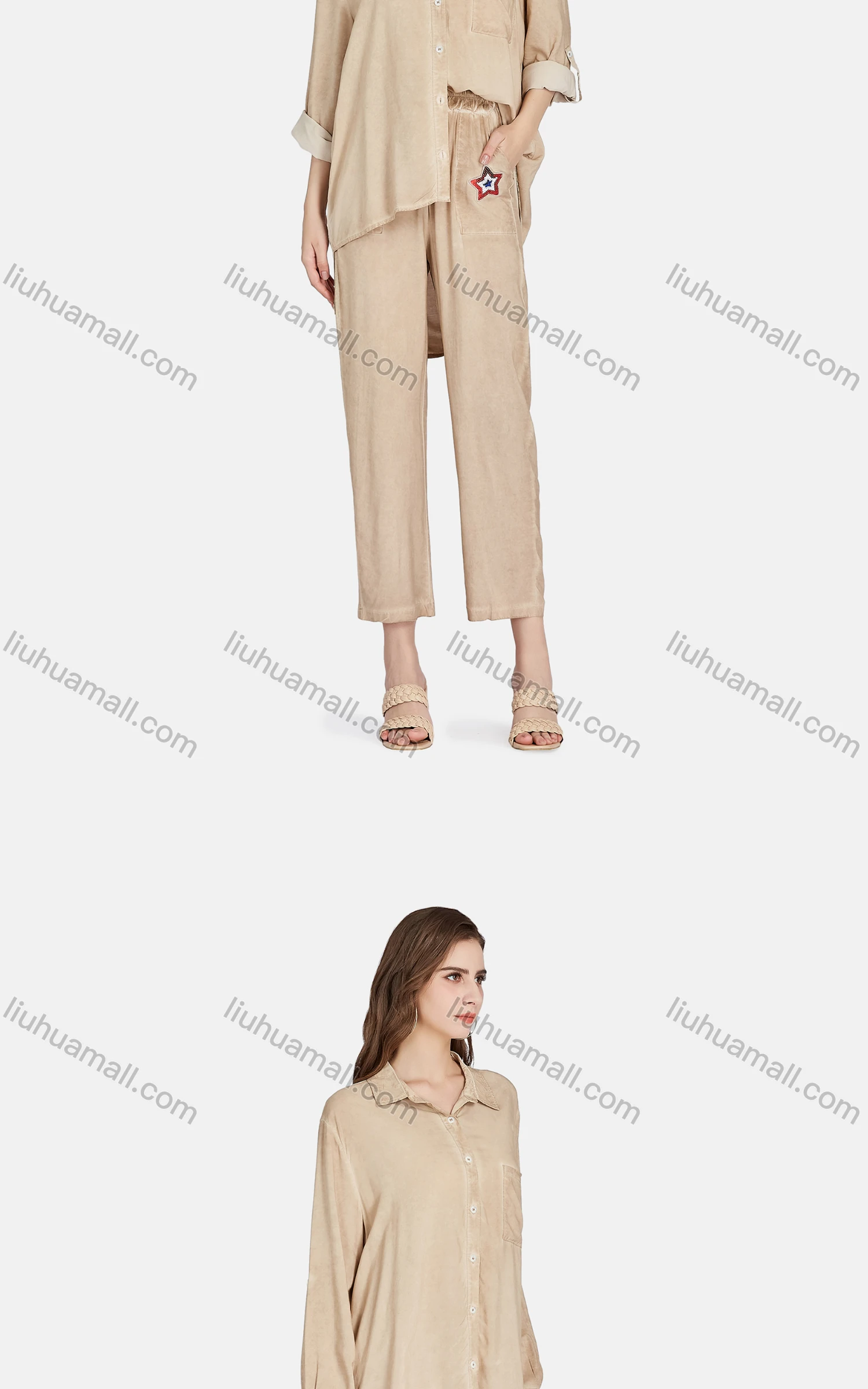 Wholesale Women's Casual Collared Long Sleeve Button Down Shirt 2-piece Sets BLY1154# - Liuhuamall