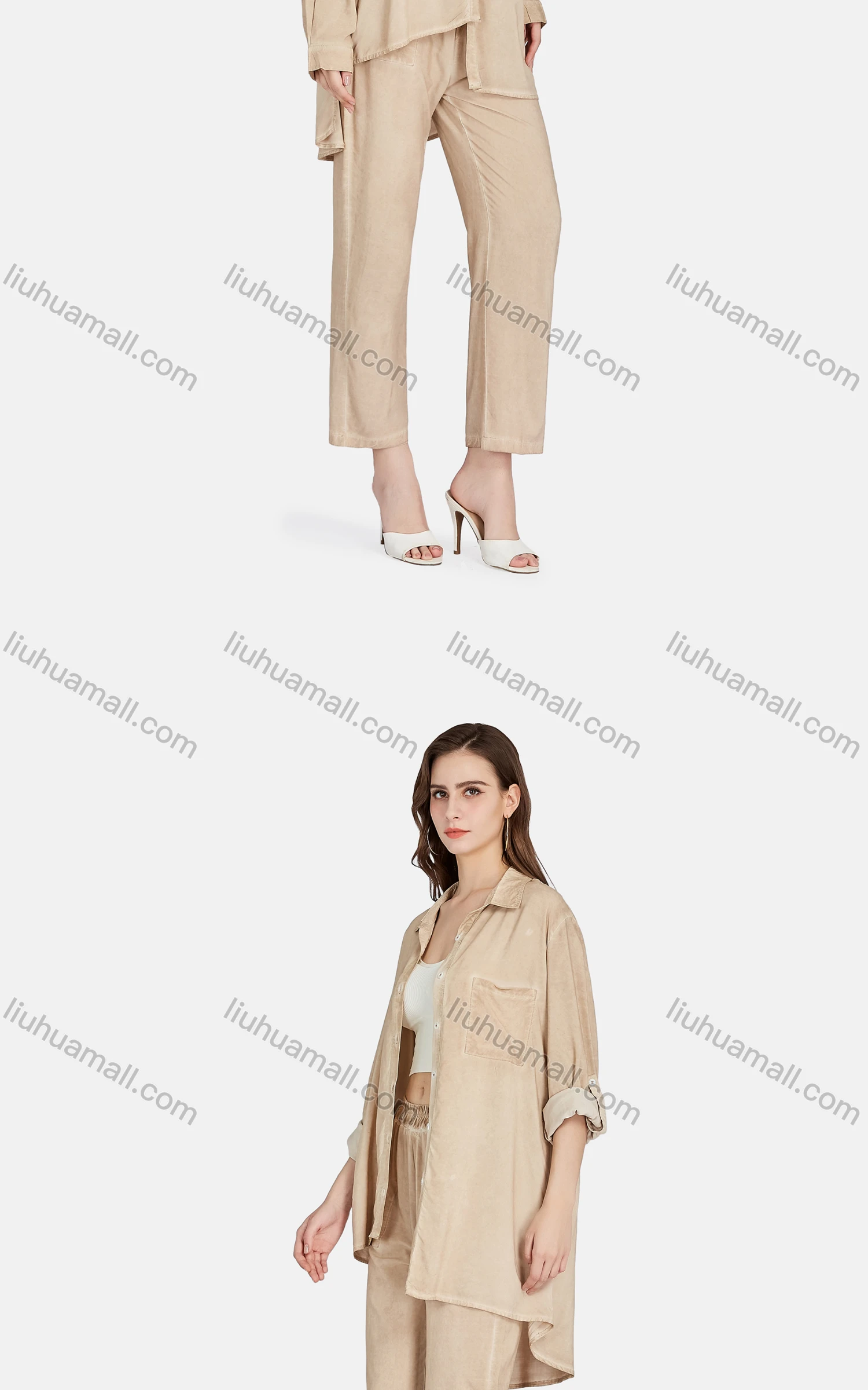 Wholesale Women's Casual Collared Long Sleeve Button Down Shirt 2-piece Sets BLY1154# - Liuhuamall