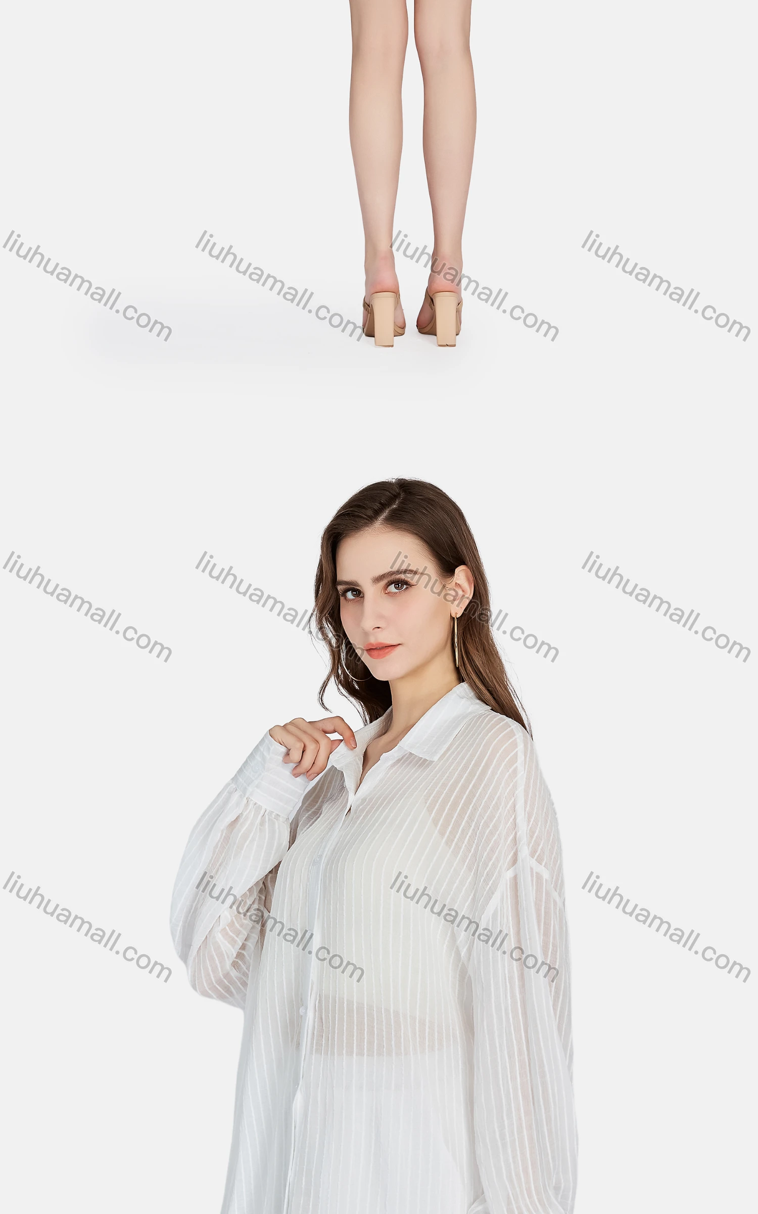 Wholesale Women's Casual Collared Striped See Through Shirt 2-piece Sets BLY1146# - Liuhuamall