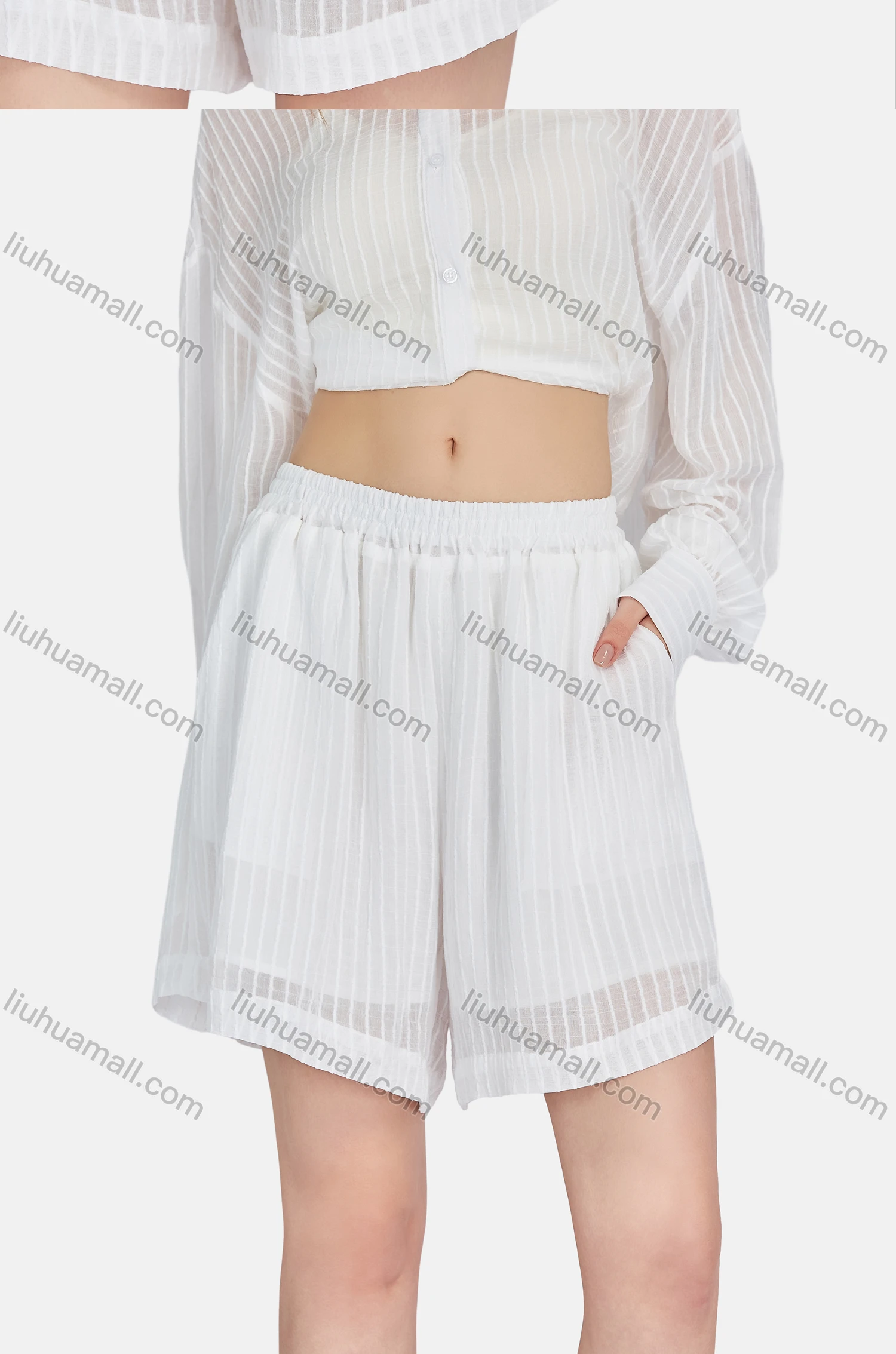 Wholesale Women's Casual Collared Striped See Through Shirt 2-piece Sets BLY1146# - Liuhuamall