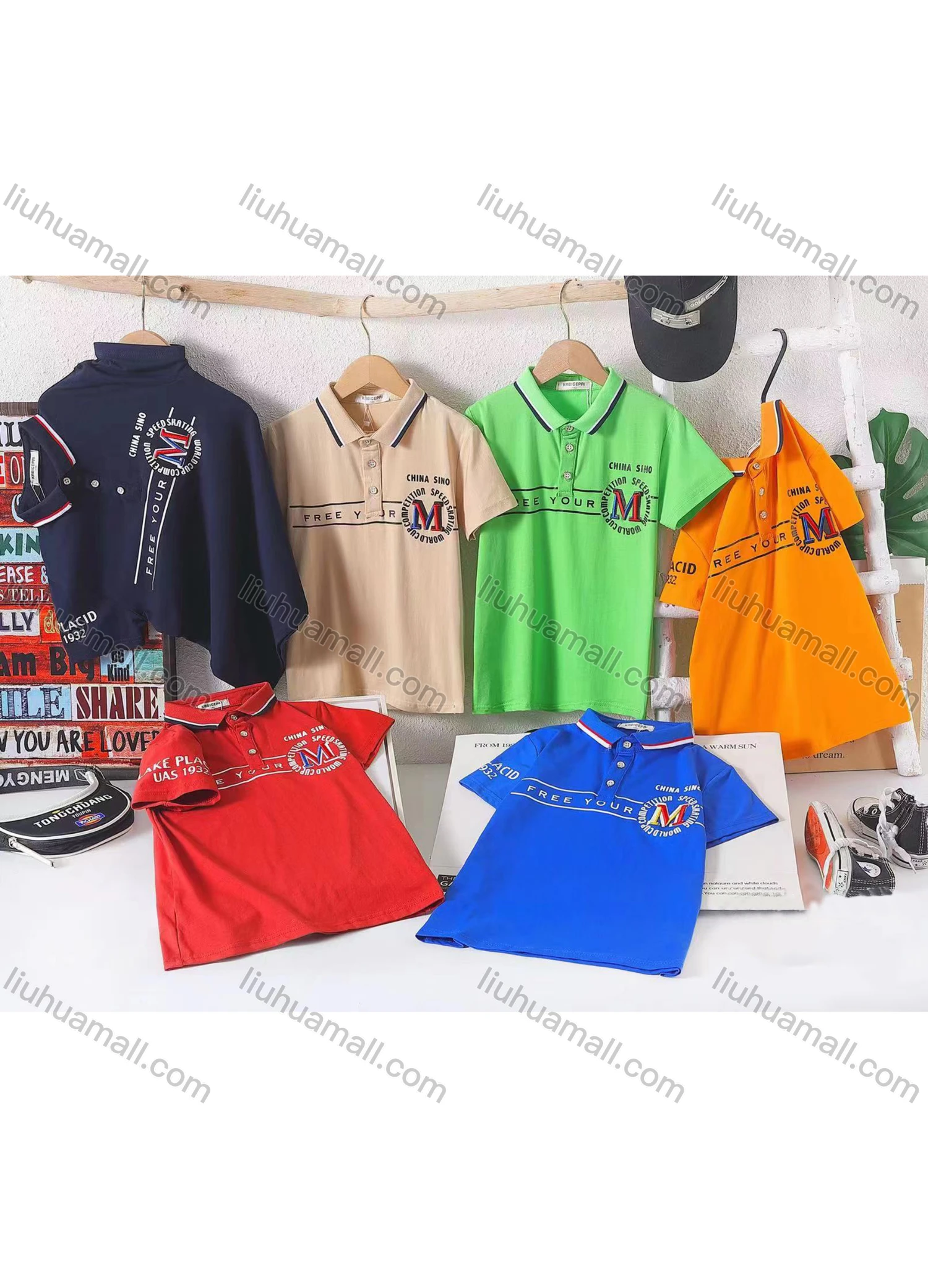 Wholesale Boy's Casual 100% Letter Print Short Sleeve Polo Shirt - Liuhuamall