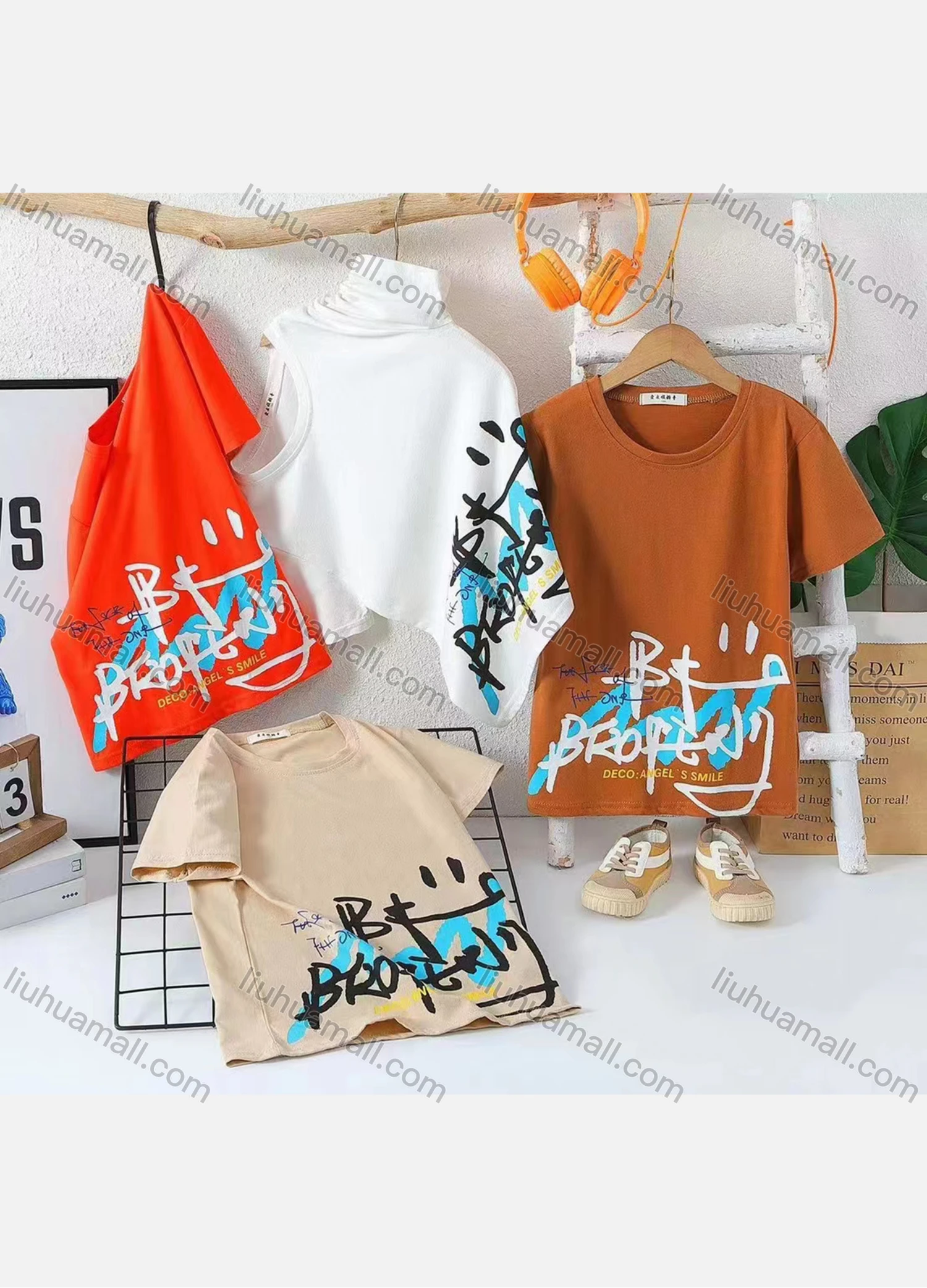 Wholesale Boy's Casual Letter Print 100% Cotton Round Neck Short Sleeve Tee - Liuhuamall