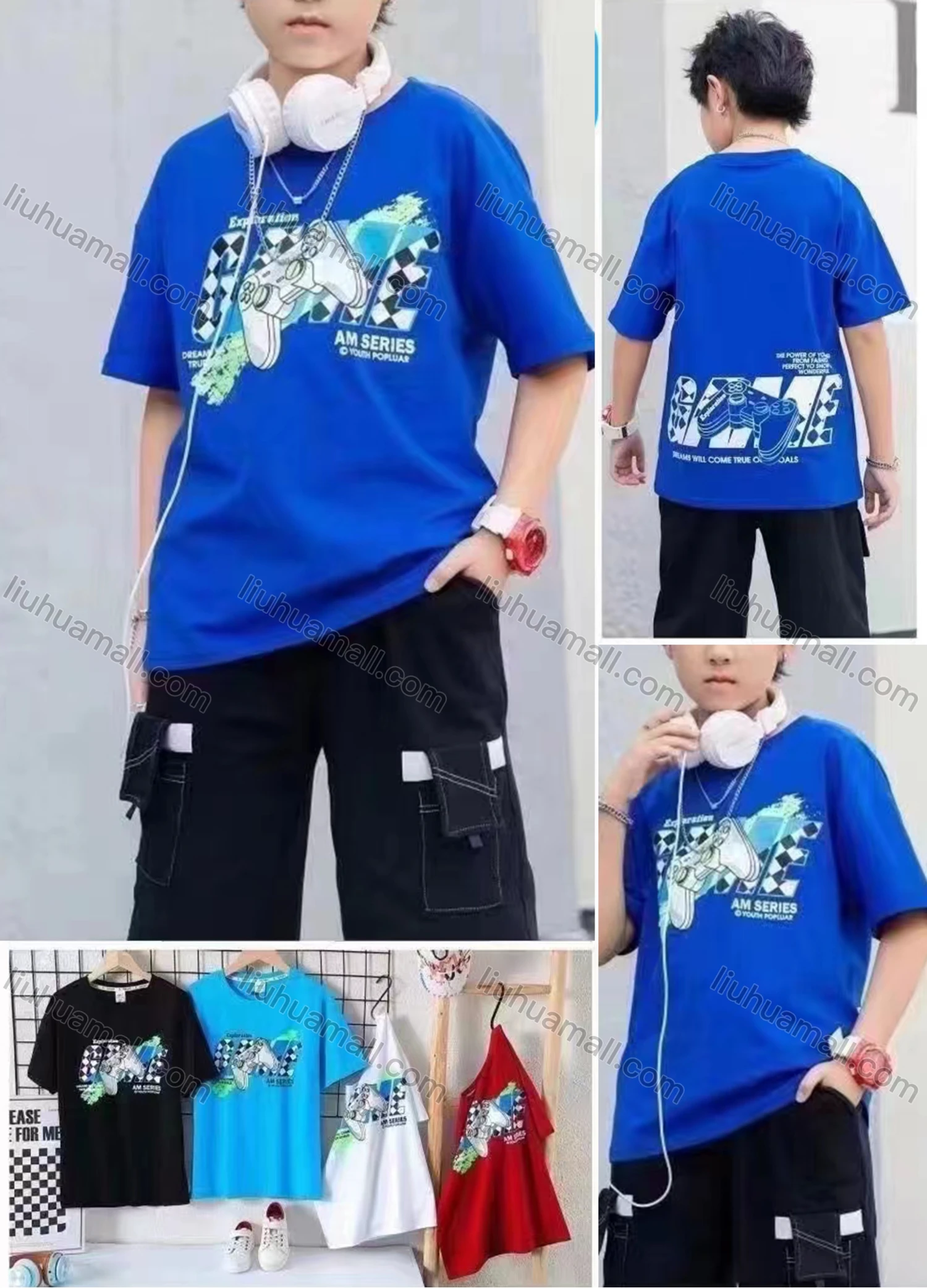 Wholesale Boy's Casual Graphic & Letter Print 100% Cotton Round Neck Short Sleeve Tee - Liuhuamall