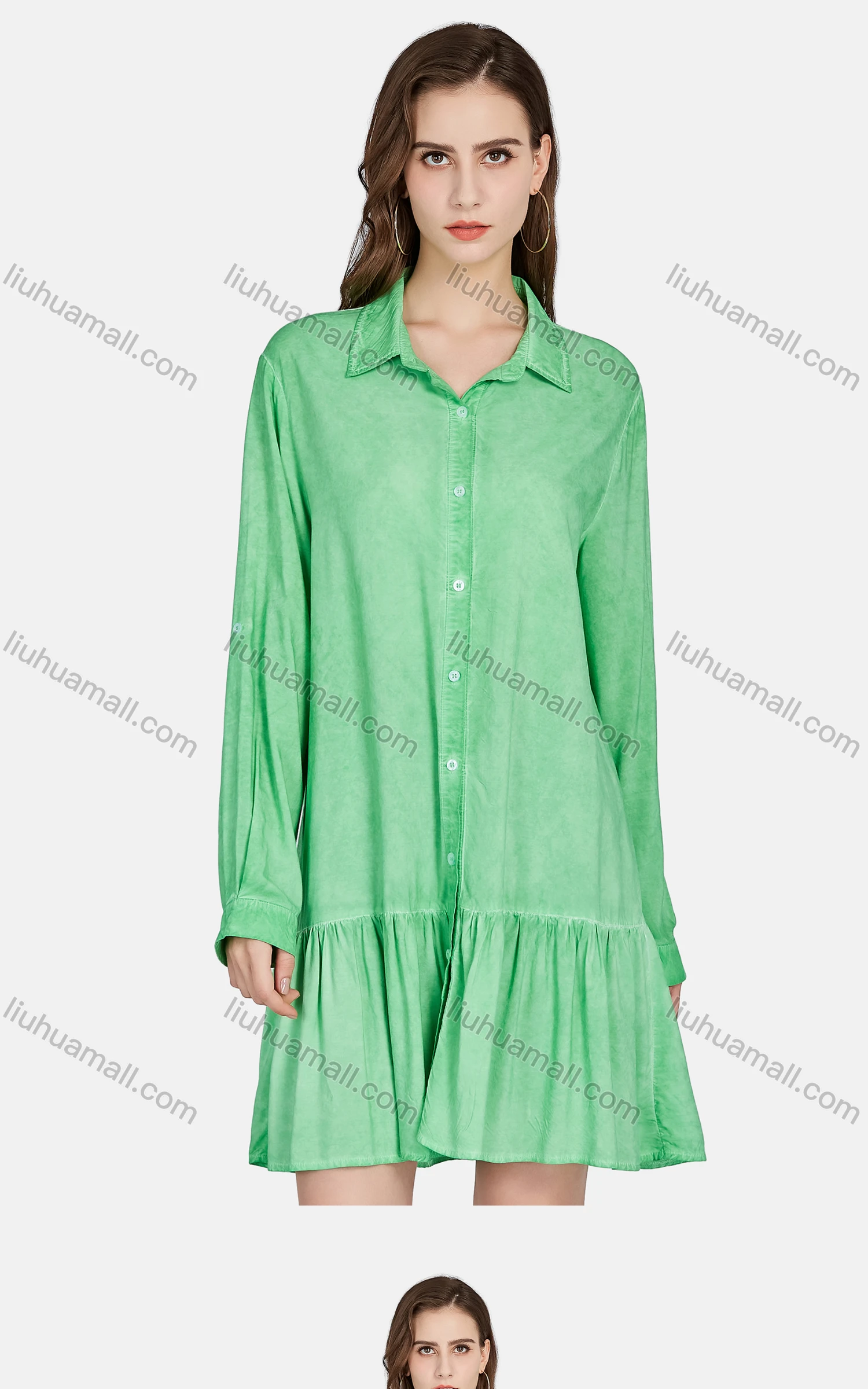 Wholesale Women's Casual Collared Long Sleeve Button Down Ruffle Hem Shirt Dress BLY1129# - Liuhuamall