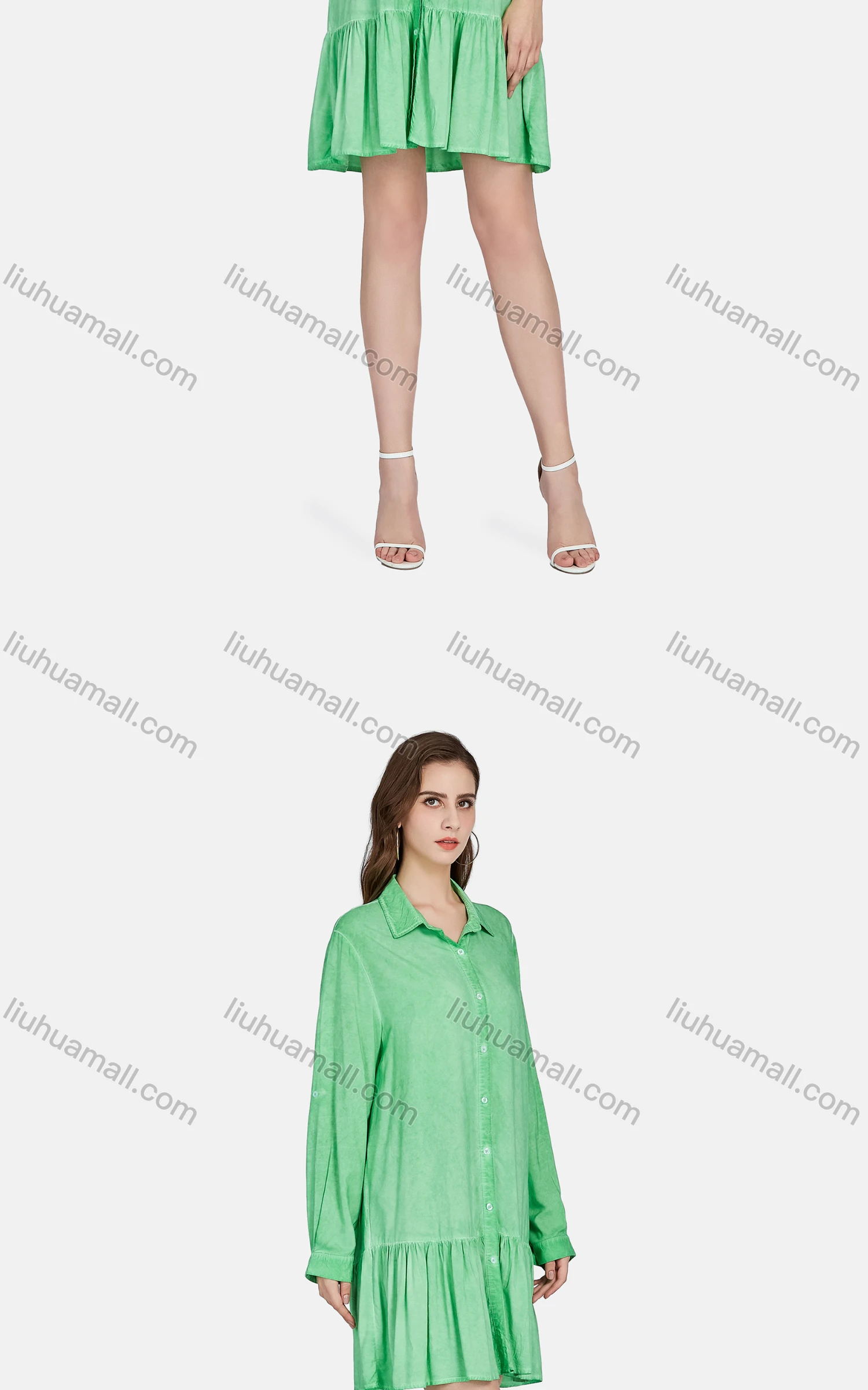 Wholesale Women's Casual Collared Long Sleeve Button Down Ruffle Hem Shirt Dress BLY1129# - Liuhuamall