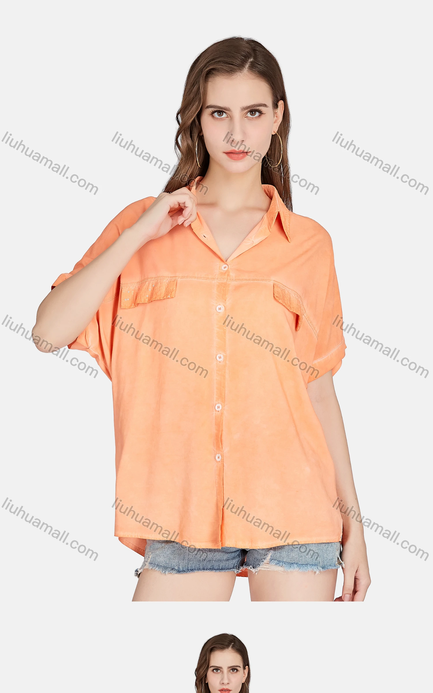 Wholesale Women's Casual Button Down Short Sleeve Sequin Shirt BLY1158# - Liuhuamall