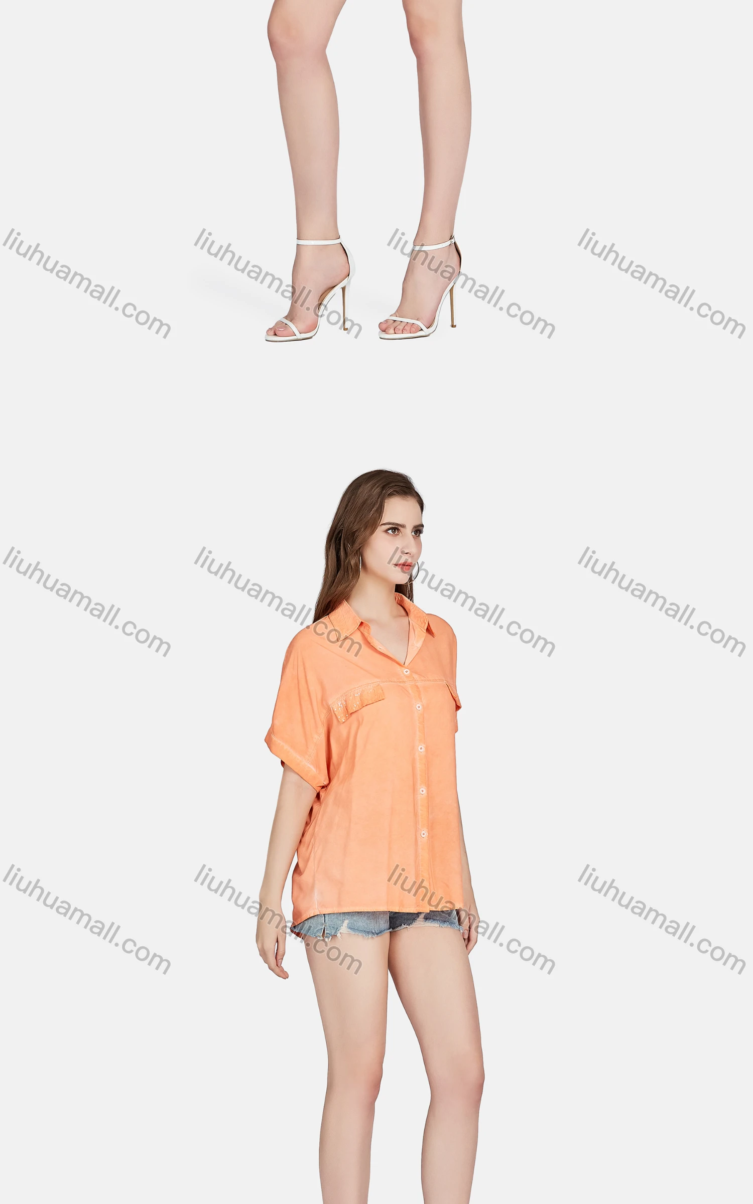 Wholesale Women's Casual Button Down Short Sleeve Sequin Shirt BLY1158# - Liuhuamall