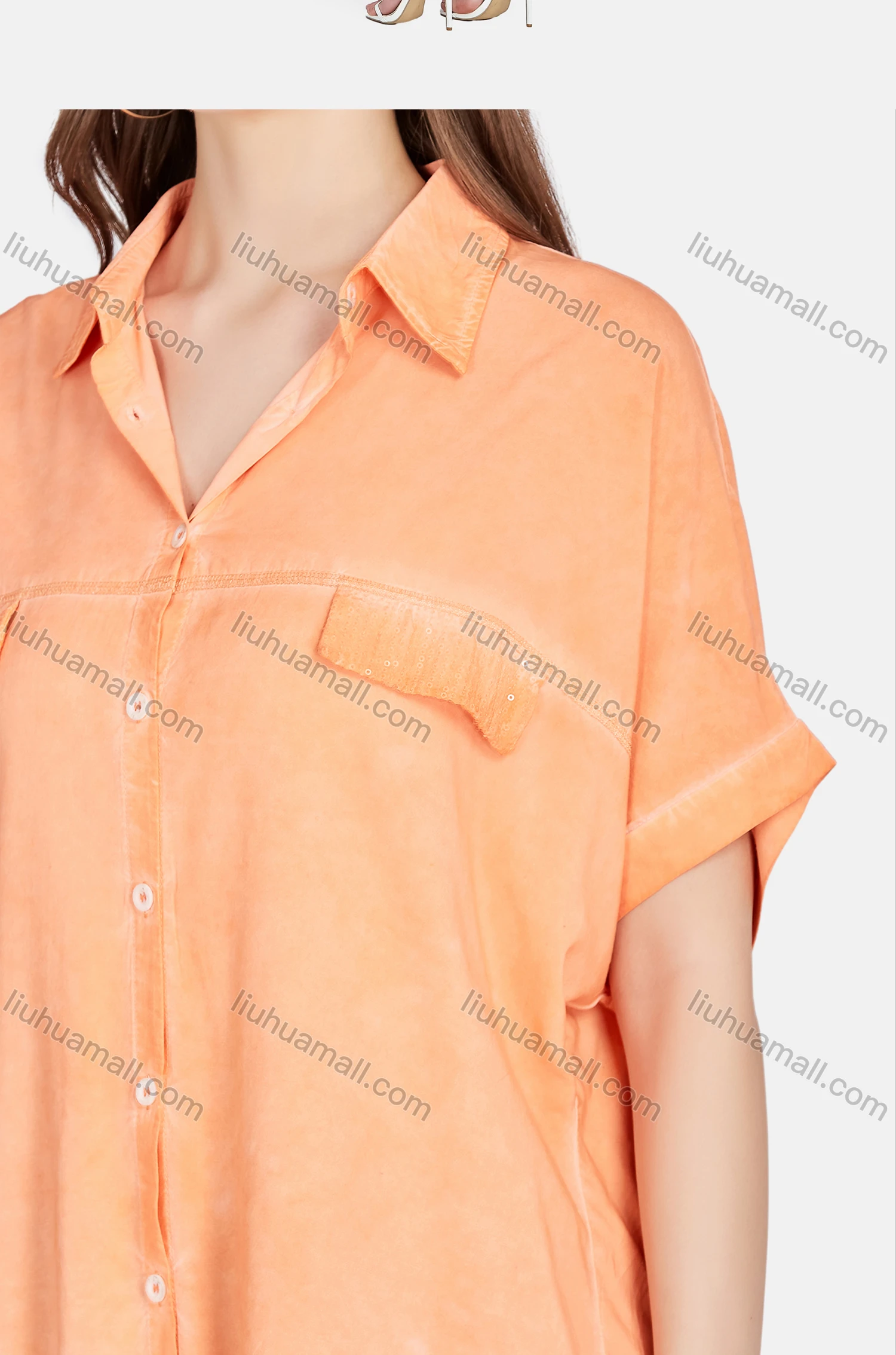 Wholesale Women's Casual Button Down Short Sleeve Sequin Shirt BLY1158# - Liuhuamall