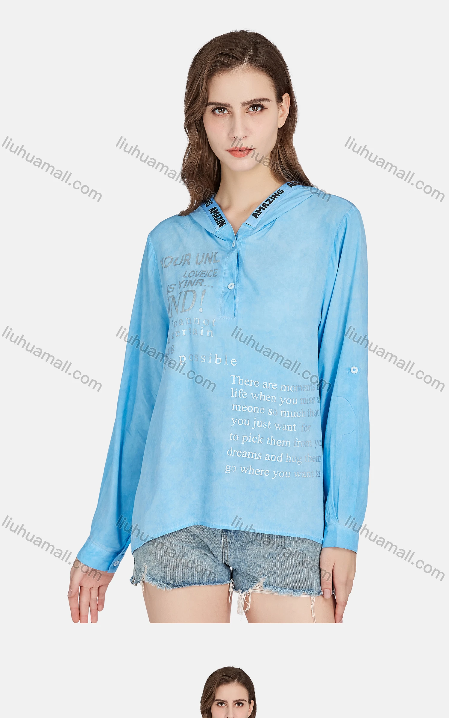 Wholesale Women's Casual Silver Pressed Letter Button Front Long Sleeve Pullover Hoodie BLY1160# - Liuhuamall
