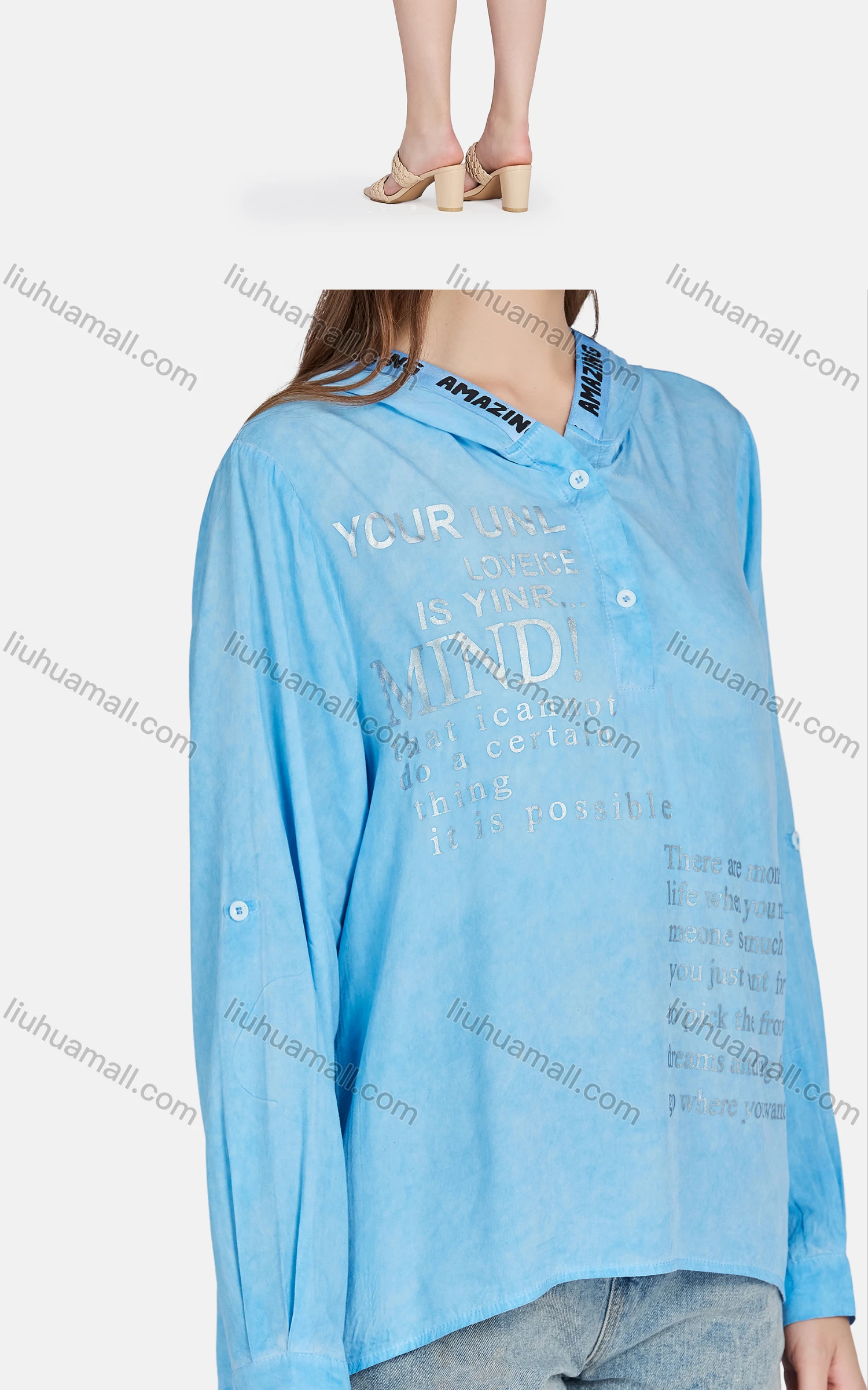 Wholesale Women's Casual Silver Pressed Letter Button Front Long Sleeve Pullover Hoodie BLY1160# - Liuhuamall
