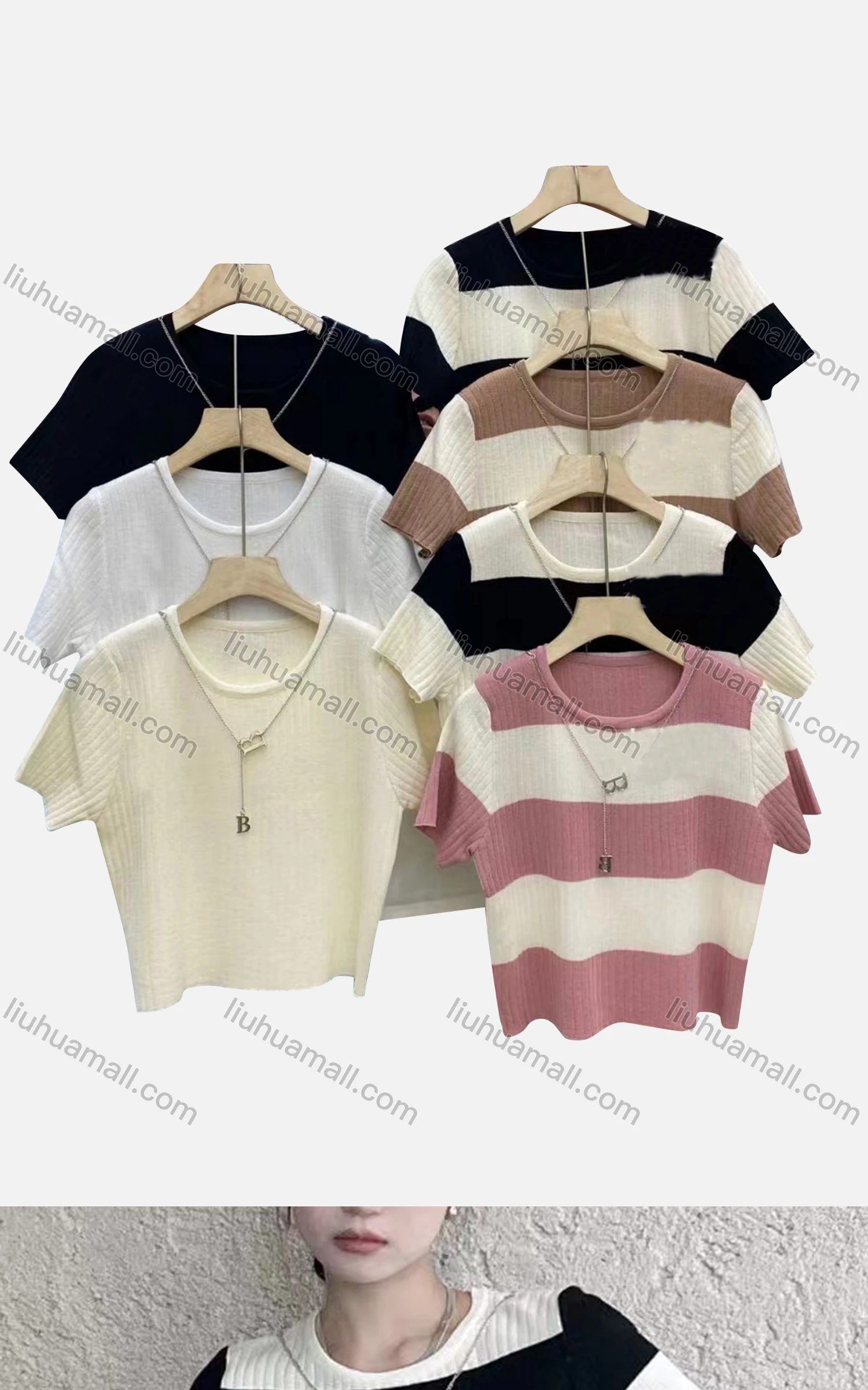 Wholesale Women's Casual Striped Crew Neck Short Sleeve Ribbed Knit Woolen Top - Liuhuamall