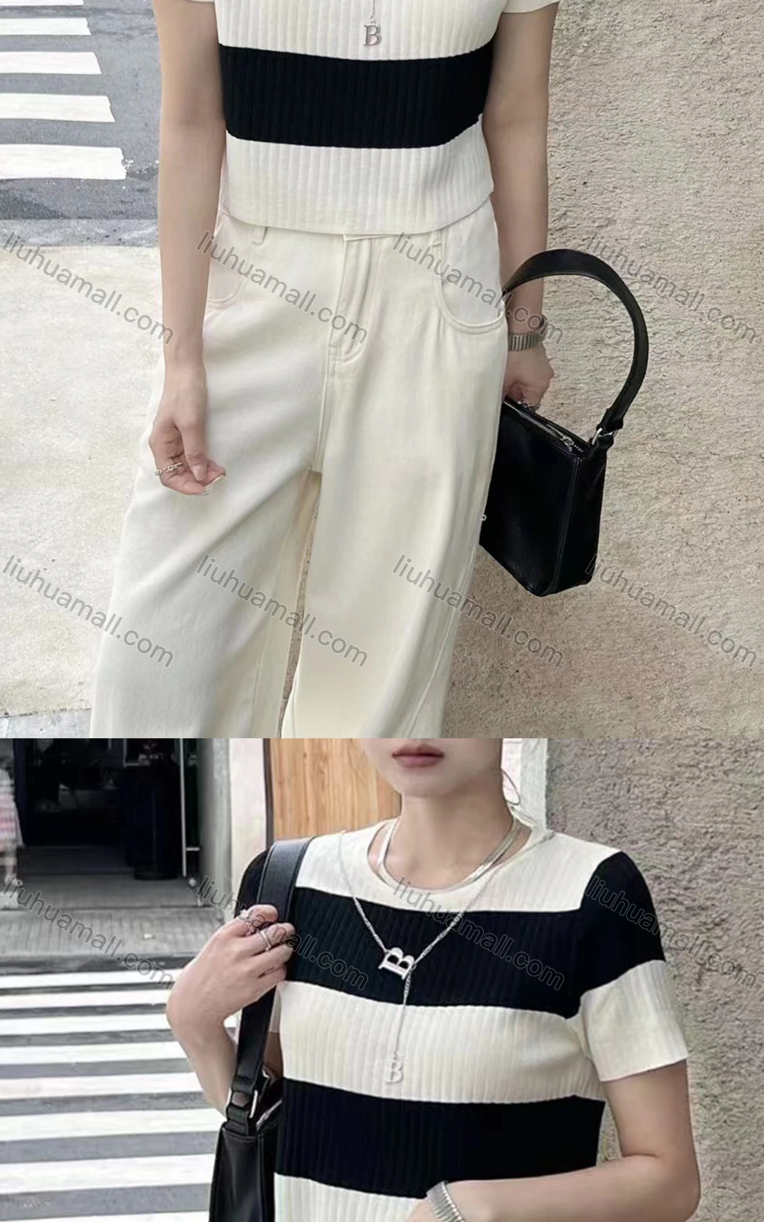 Wholesale Women's Casual Striped Crew Neck Short Sleeve Ribbed Knit Woolen Top - Liuhuamall