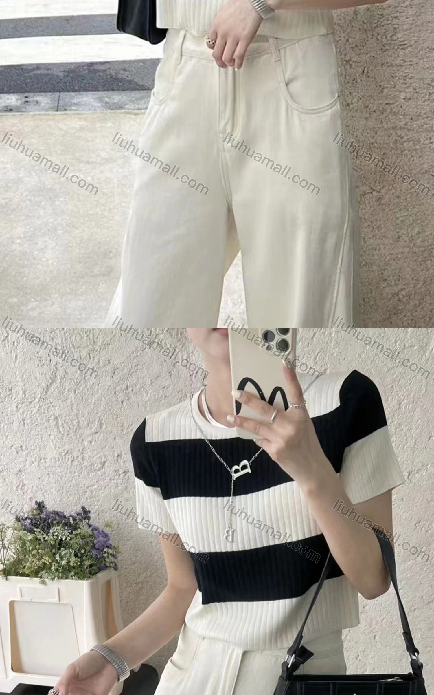 Wholesale Women's Casual Striped Crew Neck Short Sleeve Ribbed Knit Woolen Top - Liuhuamall