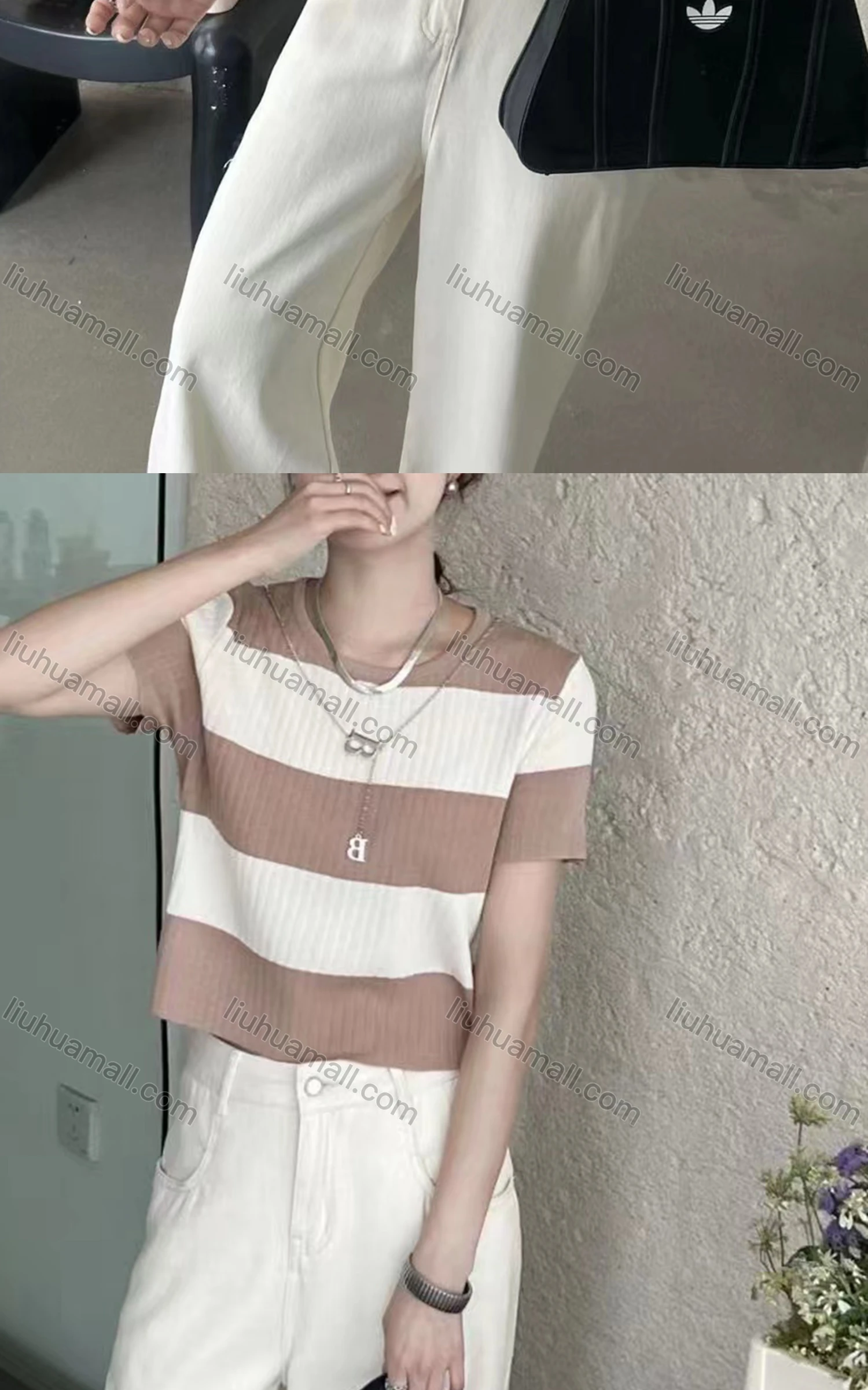 Wholesale Women's Casual Striped Crew Neck Short Sleeve Ribbed Knit Woolen Top - Liuhuamall