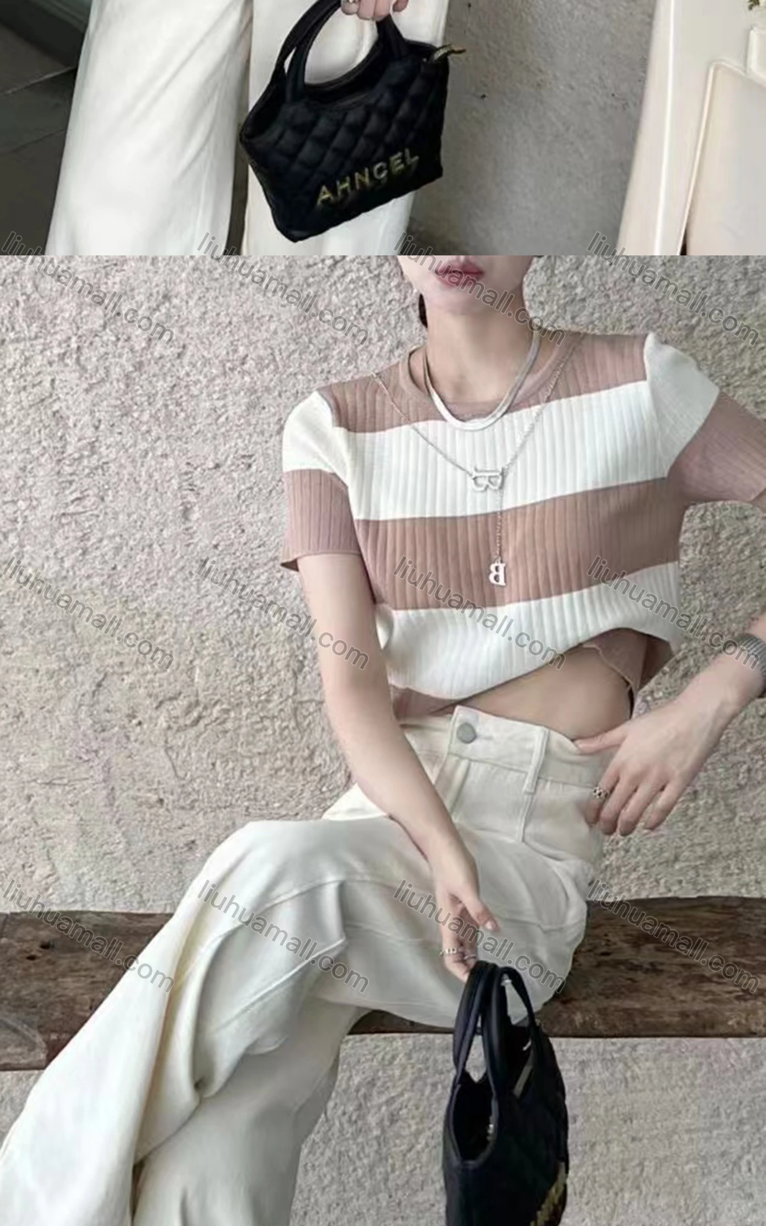 Wholesale Women's Casual Striped Crew Neck Short Sleeve Ribbed Knit Woolen Top - Liuhuamall