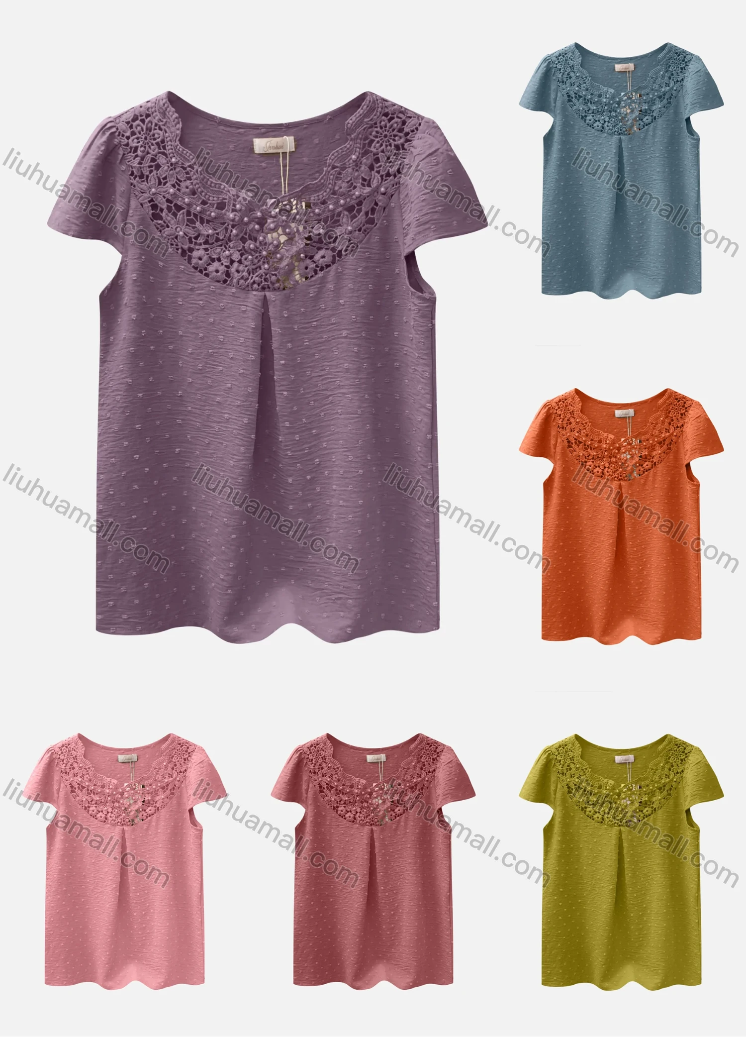 Wholesale Women's Casual Bateau Neck Short Sleeve Swiss Dot Embroidered Pearl Decor Blouse - Liuhuamall