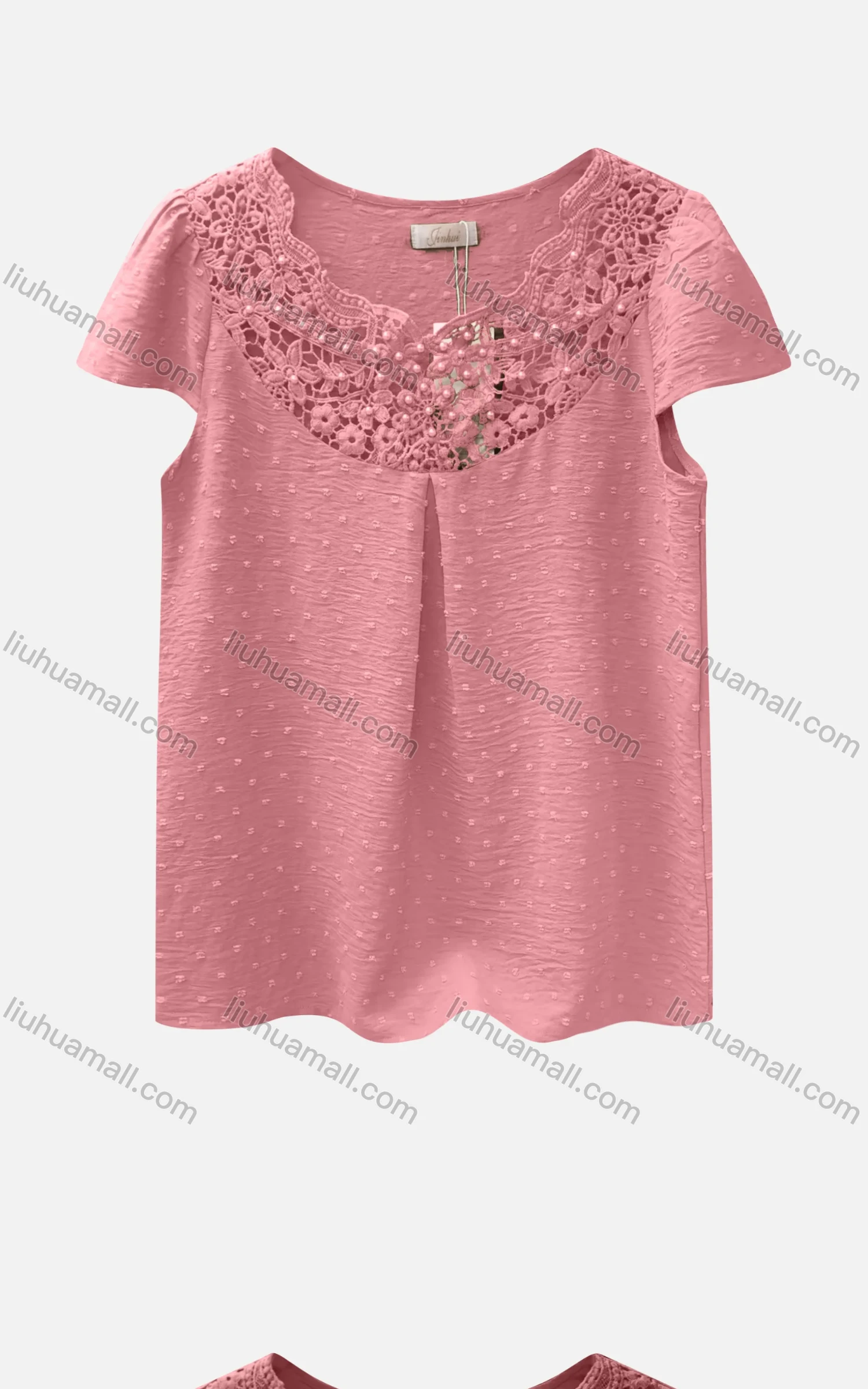 Wholesale Women's Casual Bateau Neck Short Sleeve Swiss Dot Embroidered Pearl Decor Blouse - Liuhuamall