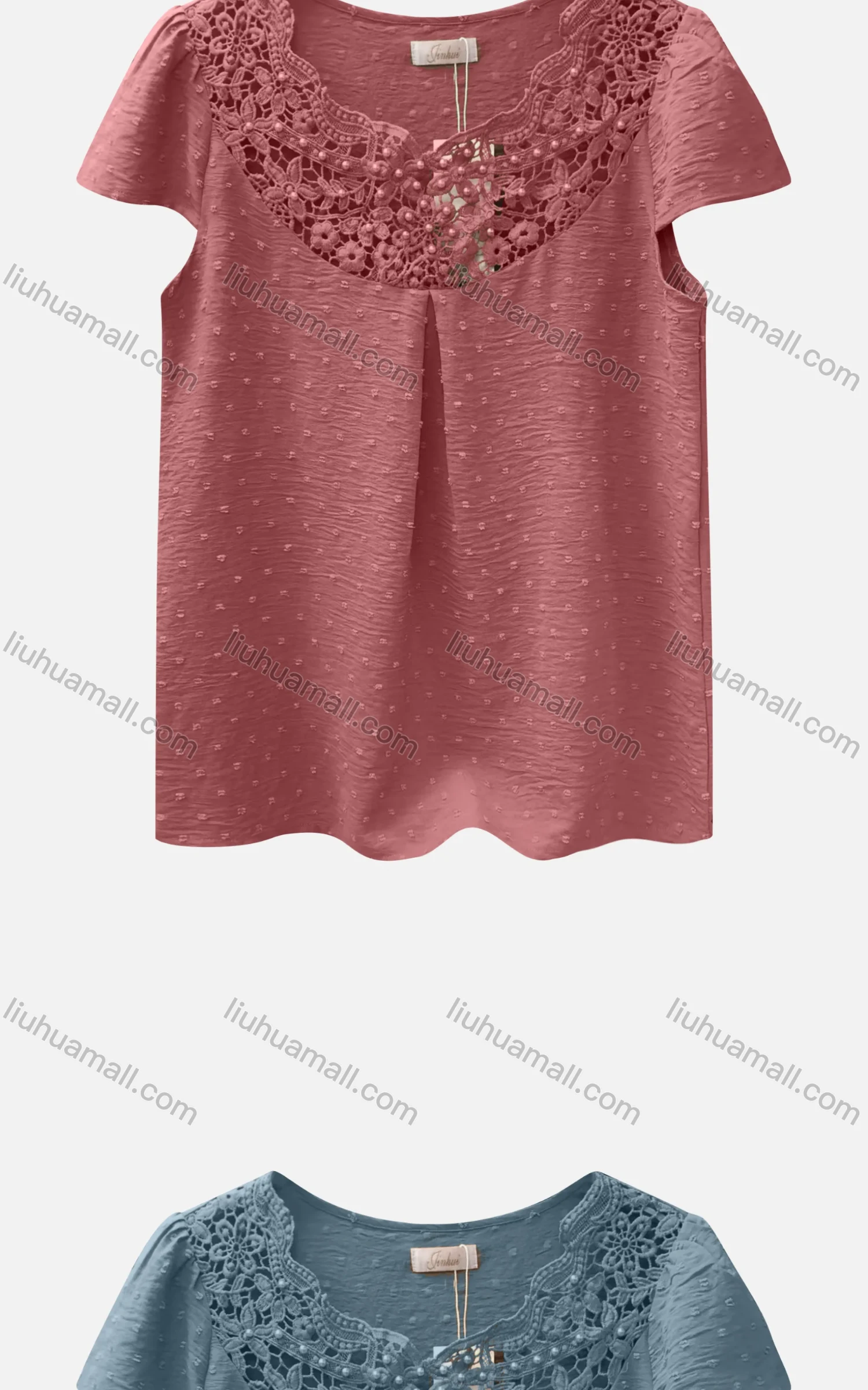 Wholesale Women's Casual Bateau Neck Short Sleeve Swiss Dot Embroidered Pearl Decor Blouse - Liuhuamall