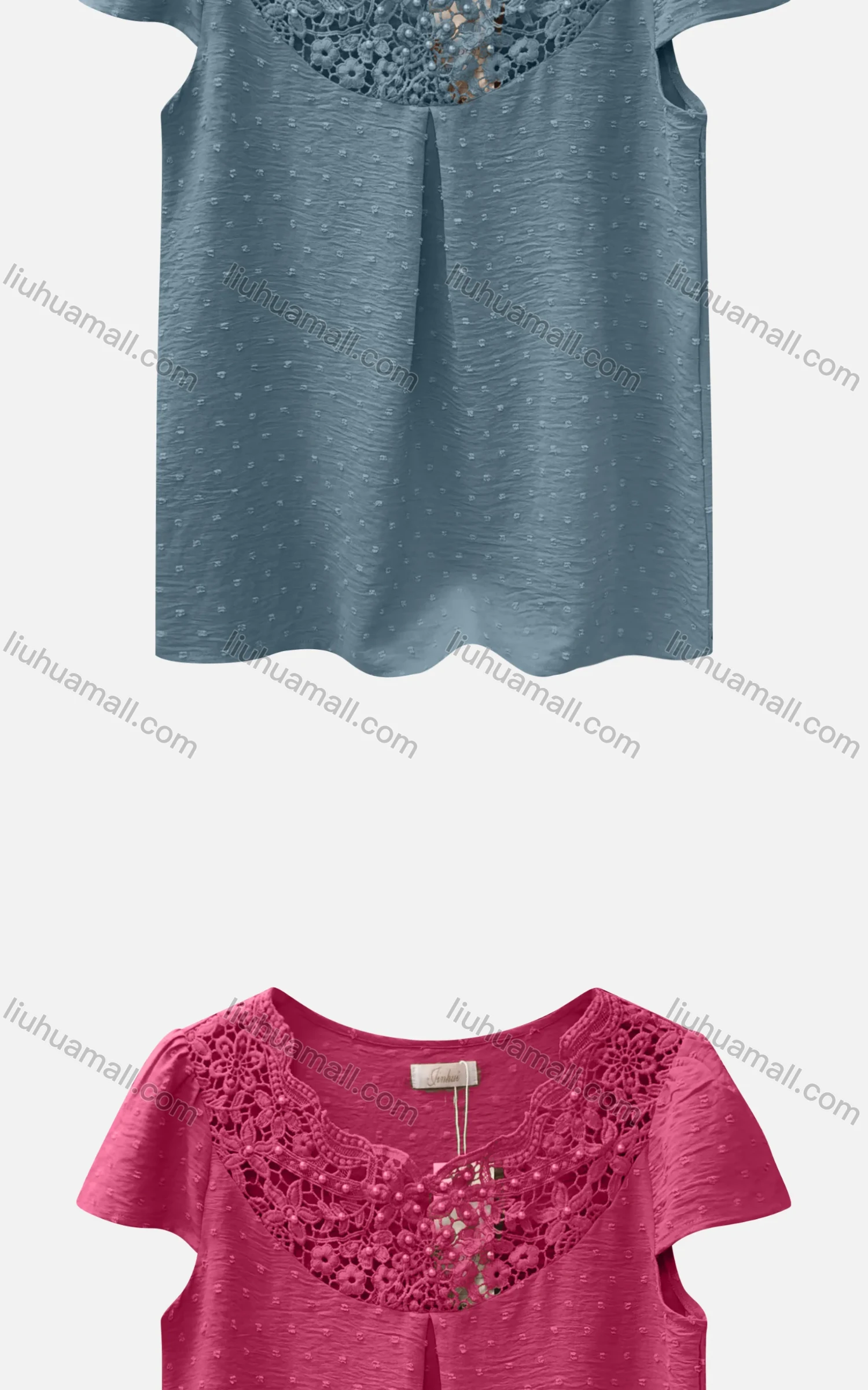 Wholesale Women's Casual Bateau Neck Short Sleeve Swiss Dot Embroidered Pearl Decor Blouse - Liuhuamall