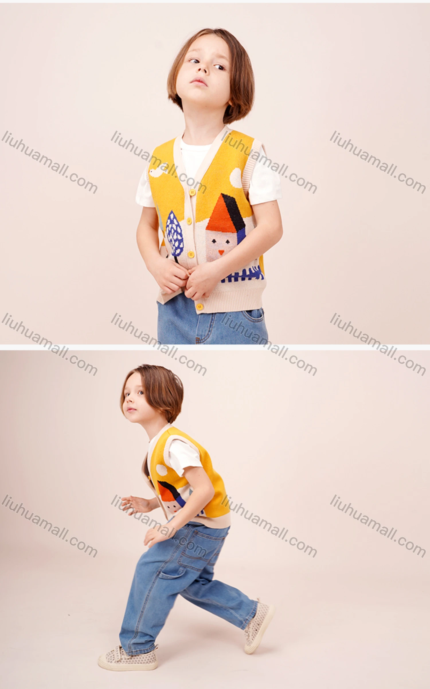 Wholesale Kids Lovely Cartoon Print Button Down Knit Sweater Vest Cardigan MB21AMY447# - Liuhuamall