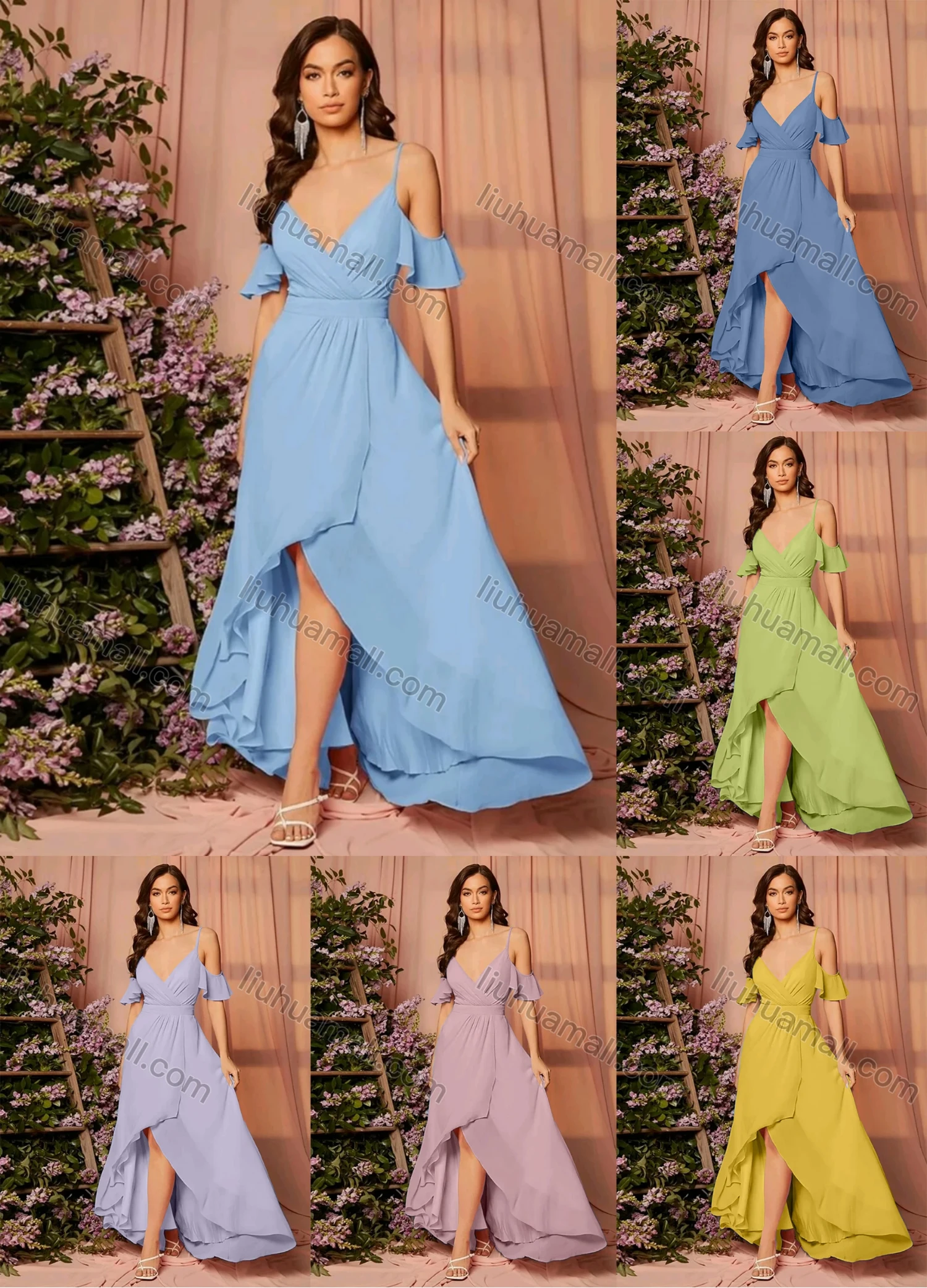 Wholesale Women's Elegant Sexy Plain Deep V Neck Wrap Ruffle Sleeve Spaghetti Straps Backless Wrap Ruffle Hem Maxi Cocktail Dress - Liuhuamall