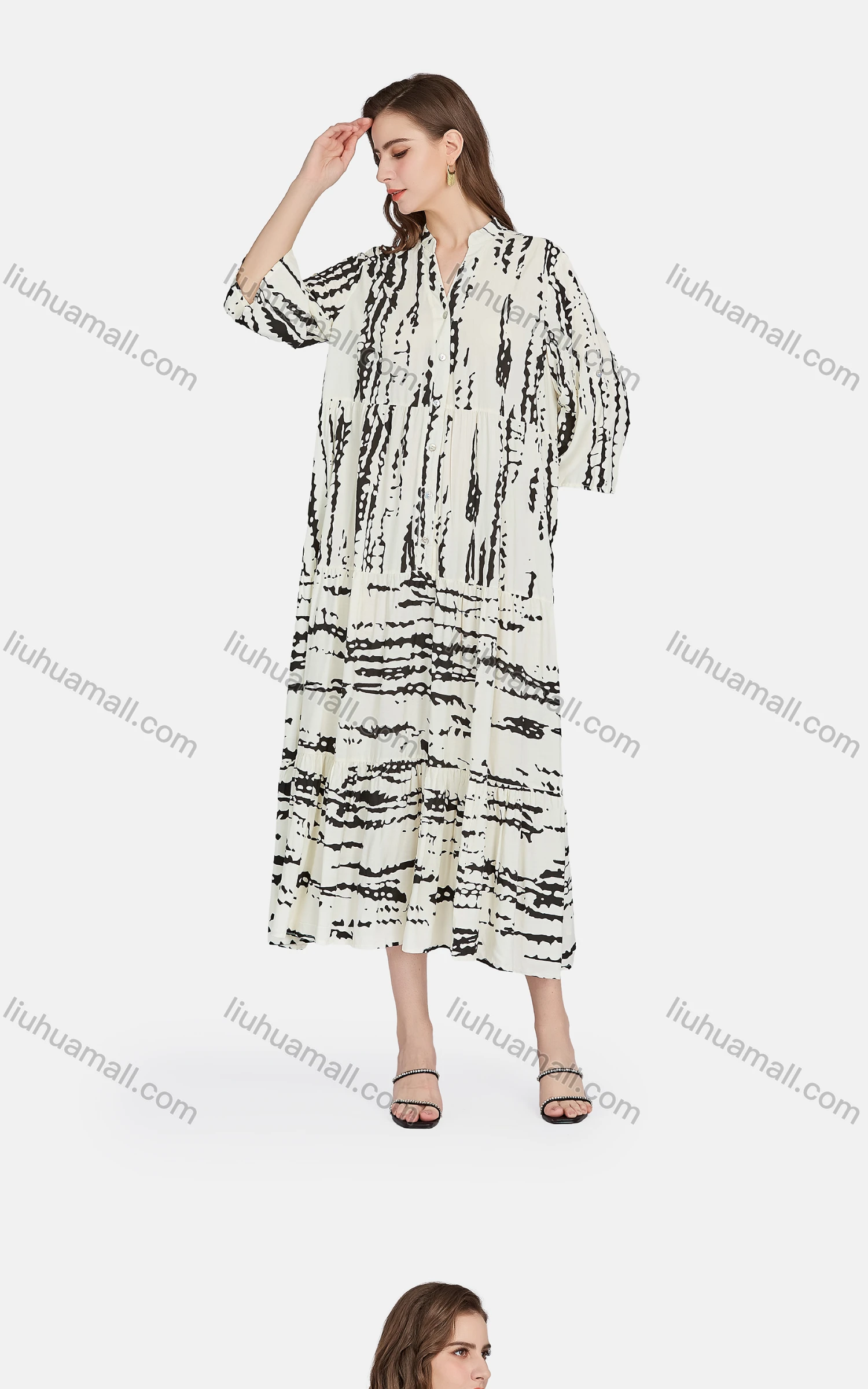 Wholesale Women's Casual Stand Collar 3/4 Sleeve Button Front Shirt Dress BLY1165# - Liuhuamall