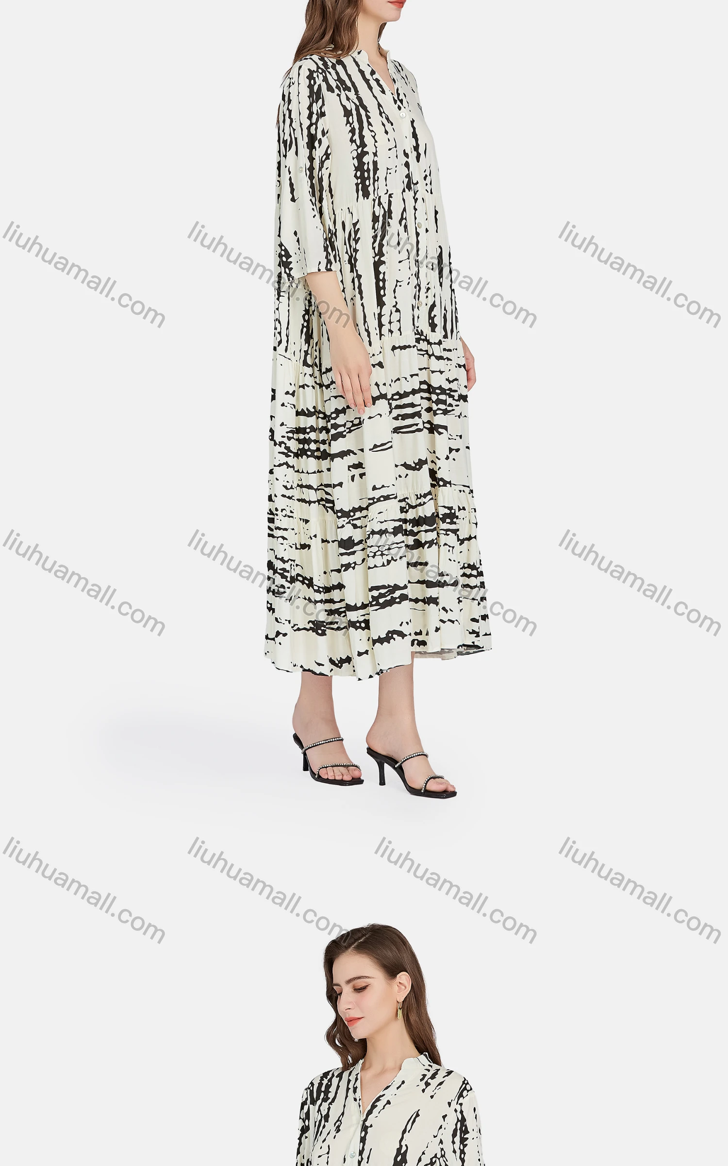 Wholesale Women's Casual Stand Collar 3/4 Sleeve Button Front Shirt Dress BLY1165# - Liuhuamall