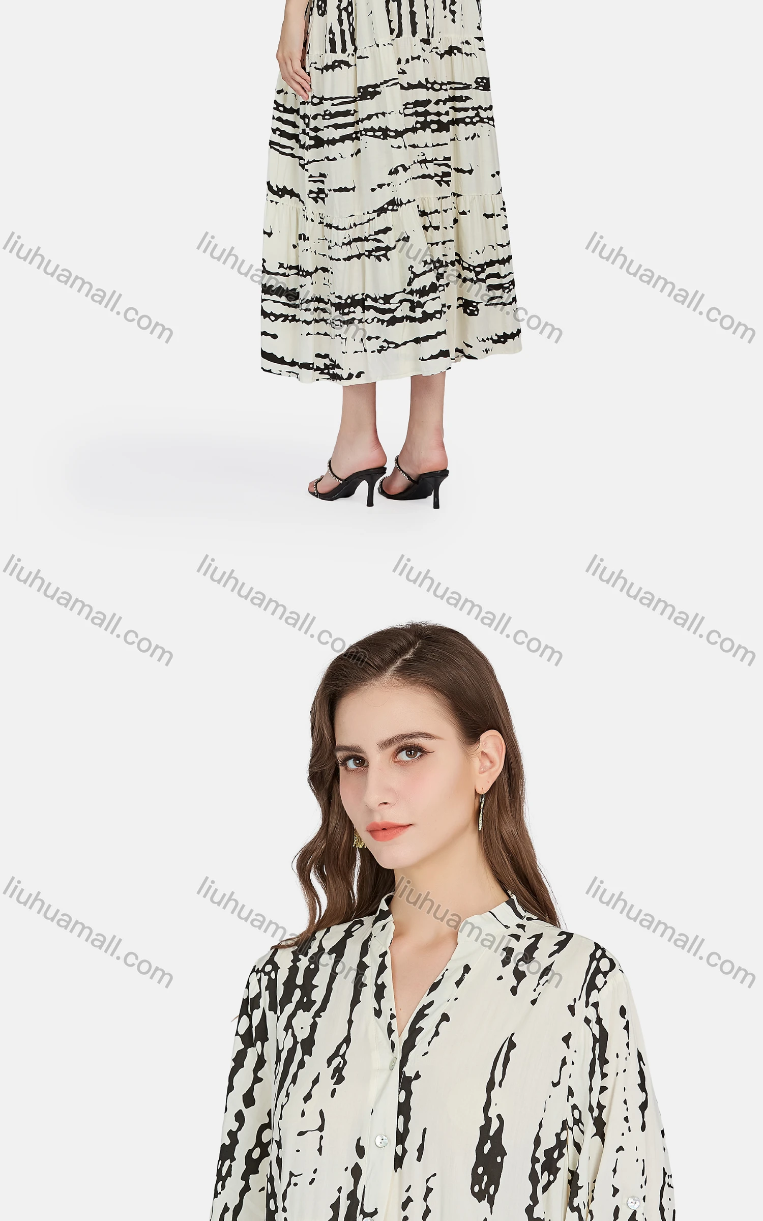 Wholesale Women's Casual Stand Collar 3/4 Sleeve Button Front Shirt Dress BLY1165# - Liuhuamall