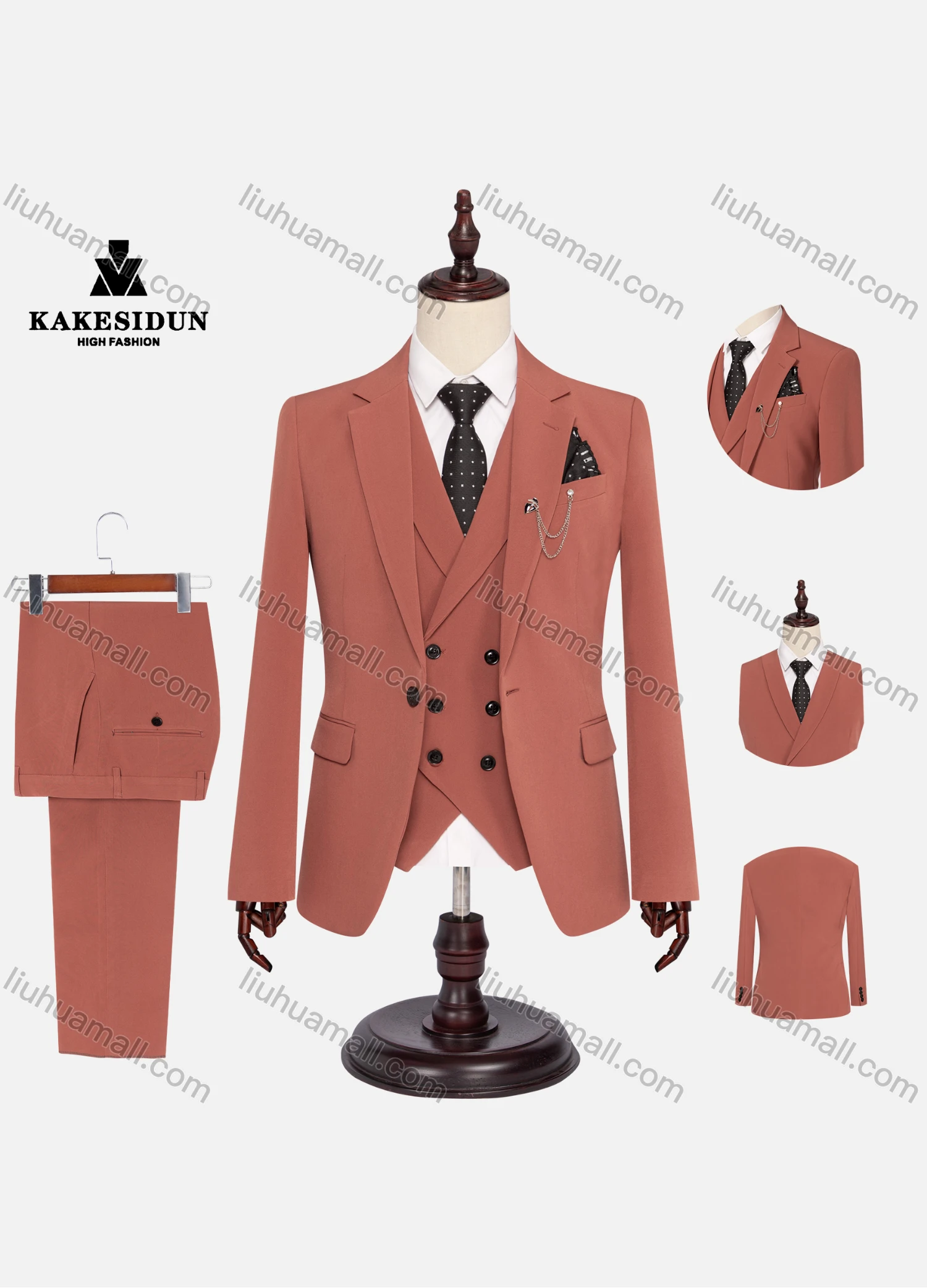 Wholesale Men's Formal Lapel Chain Decor Plain Pockets Blazer & Waistcoat & Pant 3 Pieces Suit Sets - Liuhuamall