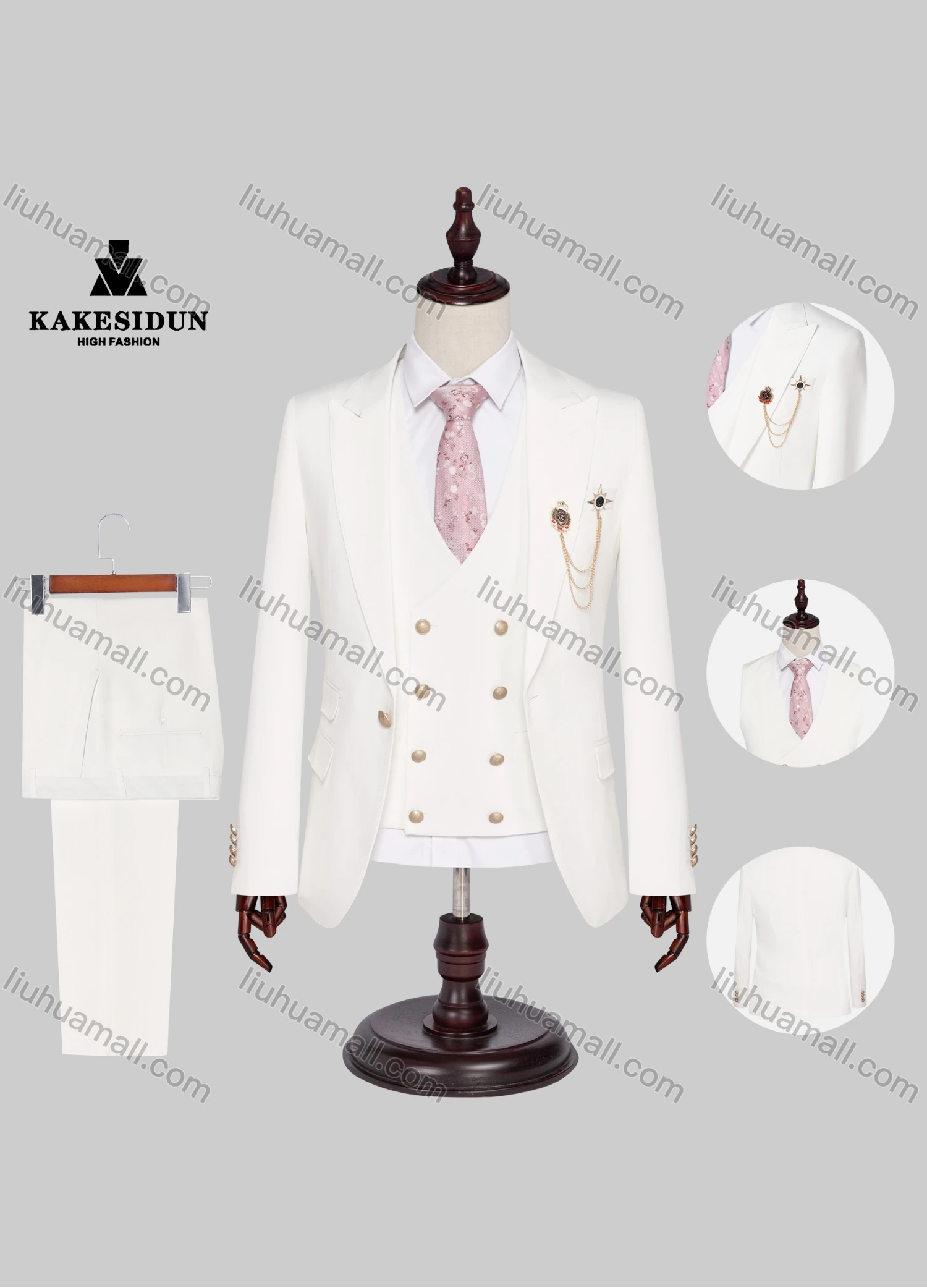 Wholesale Men's Formal Lapel Plain Chain Decor Pockets Blazer & Waistcoat & Pant 3 Pieces Suit Sets - Liuhuamall