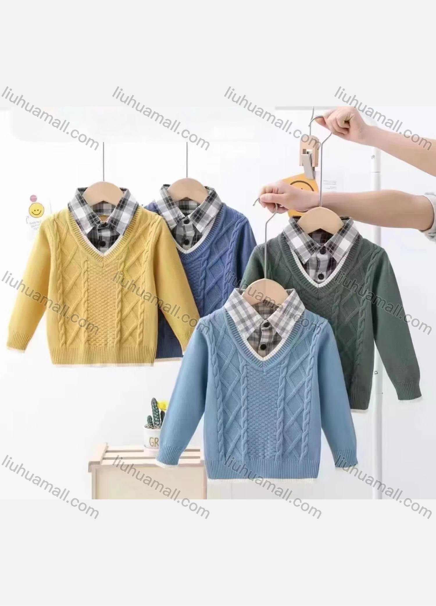 Wholesale Boy's Casual 2-in-1 Long Sleeve Collared Cable Knit Sweater 53149# - Liuhuamall