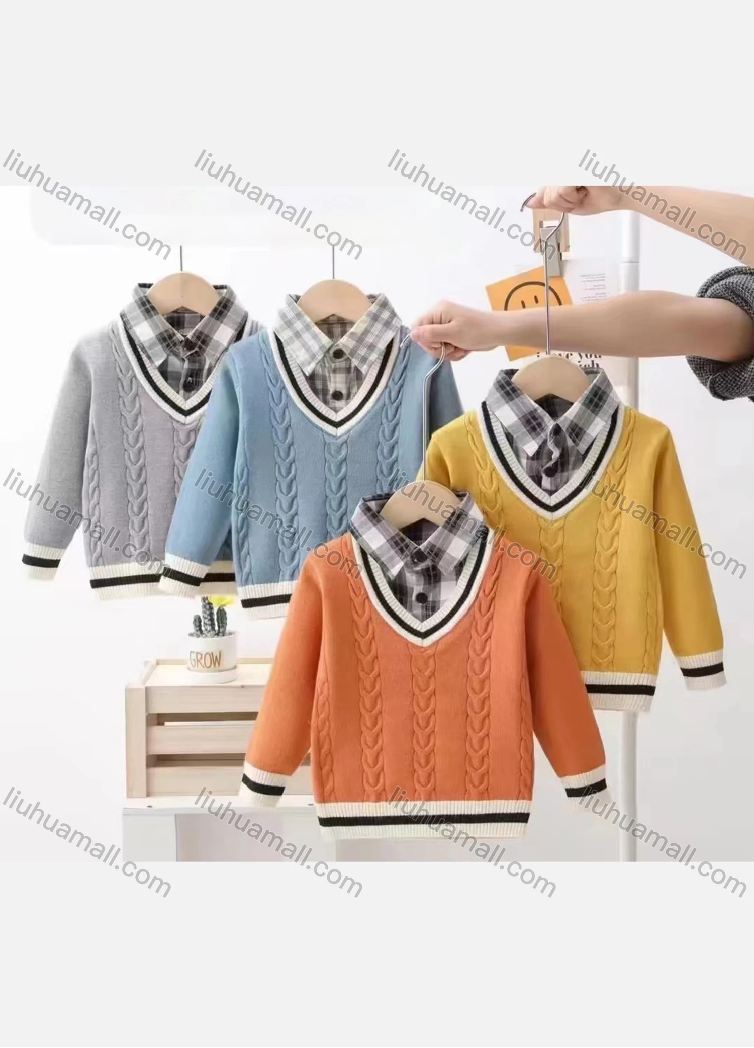 Wholesale Boy's Casual 2-in-1 Long Sleeve Collared Cable Knit Sweater 53151# - Liuhuamall