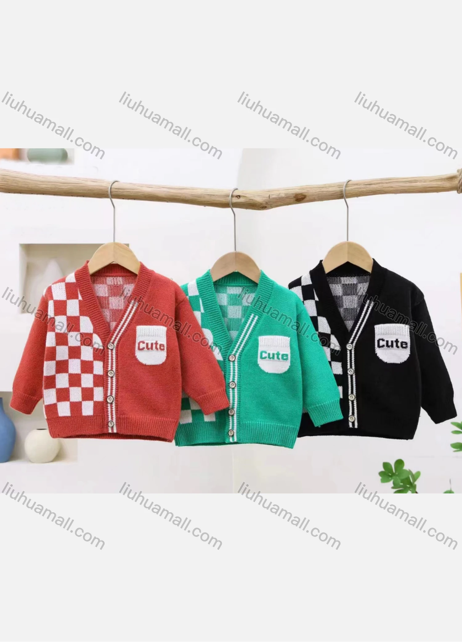 Wholesale Kid's Casual Long Sleeve Checkerboard Buttons Down Cardigan Sweater 8152# - Liuhuamall