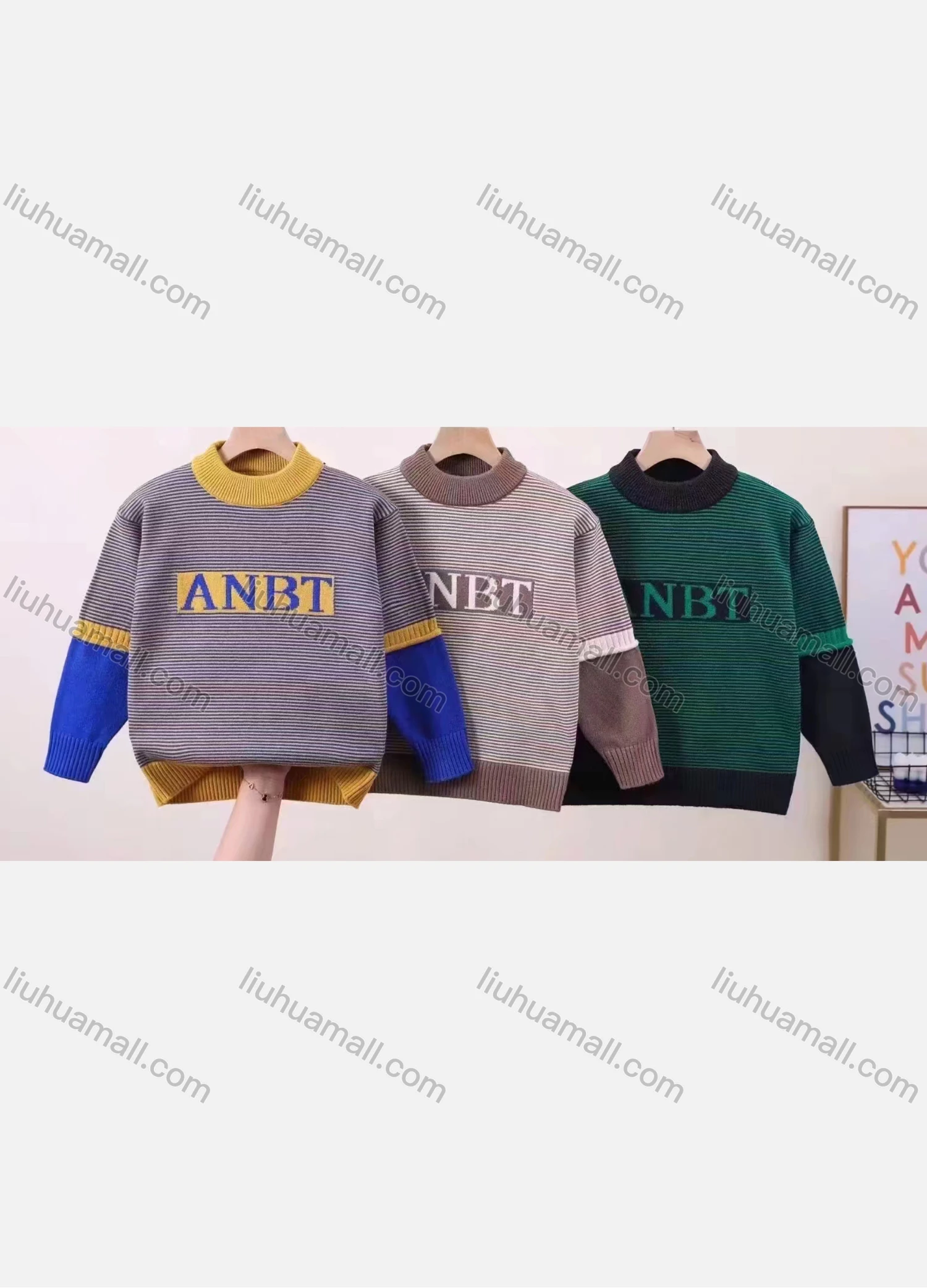 Wholesale Kid's Casual Mock Neck Letter Striped Long Sleeve Fleece Sweater 1017# - Liuhuamall