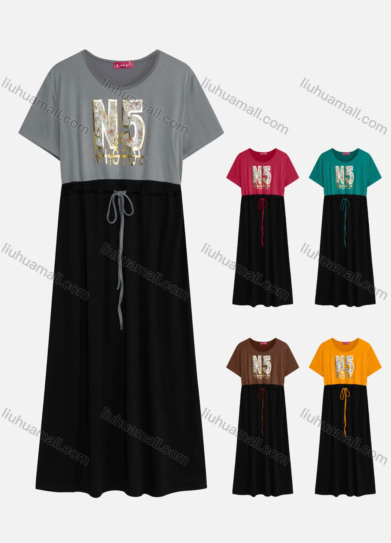 Wholesale Women's Casual Splicing Colorblock Round Neck Short Sleeve Gliding Drawstring Maxi Tee Dress - Liuhuamall