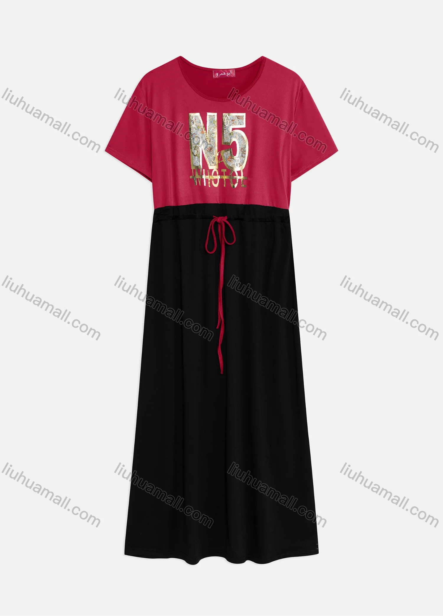 Wholesale Women's Casual Splicing Colorblock Round Neck Short Sleeve Gliding Drawstring Maxi Tee Dress - Liuhuamall