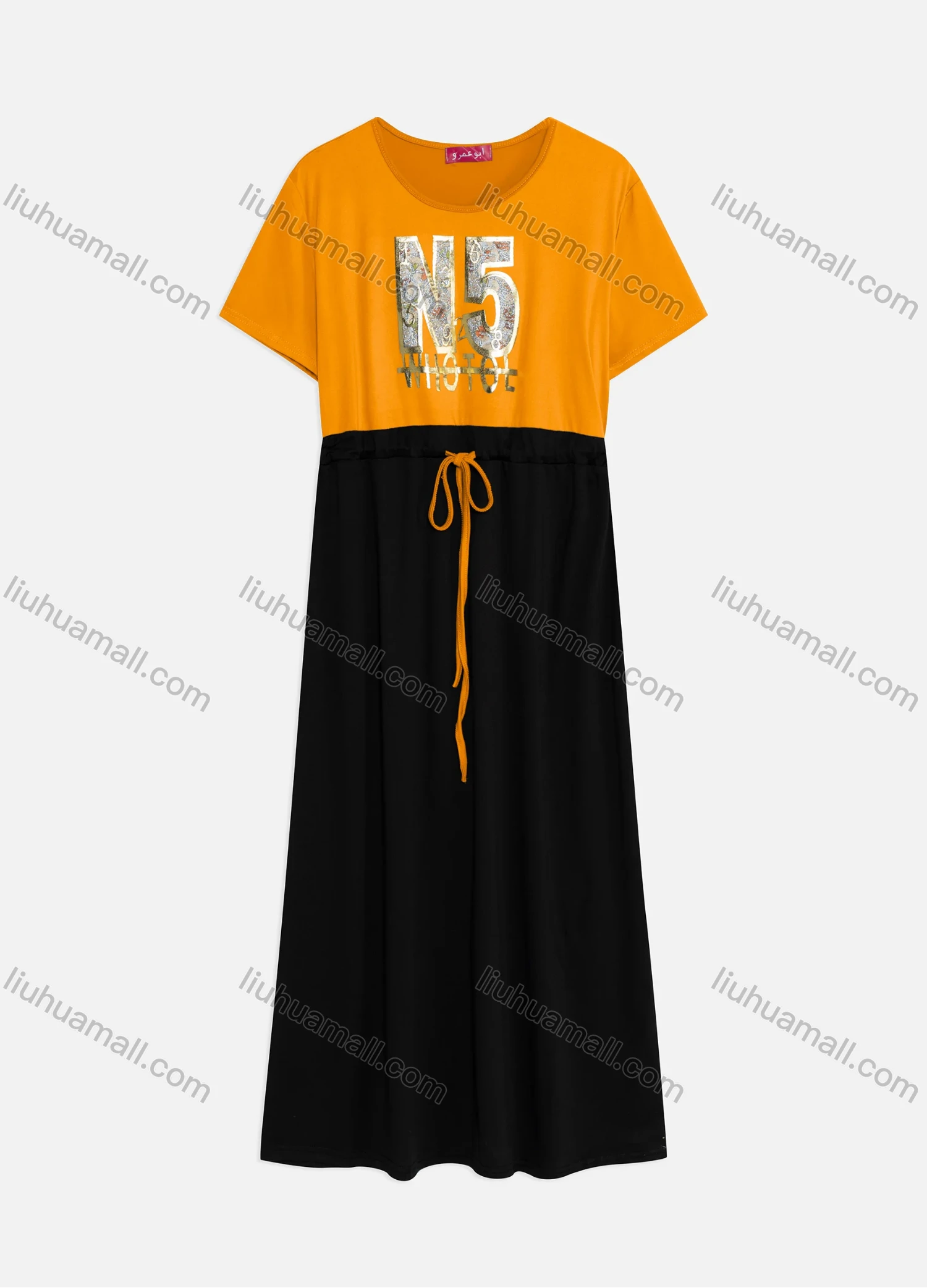 Wholesale Women's Casual Splicing Colorblock Round Neck Short Sleeve Gliding Drawstring Maxi Tee Dress - Liuhuamall