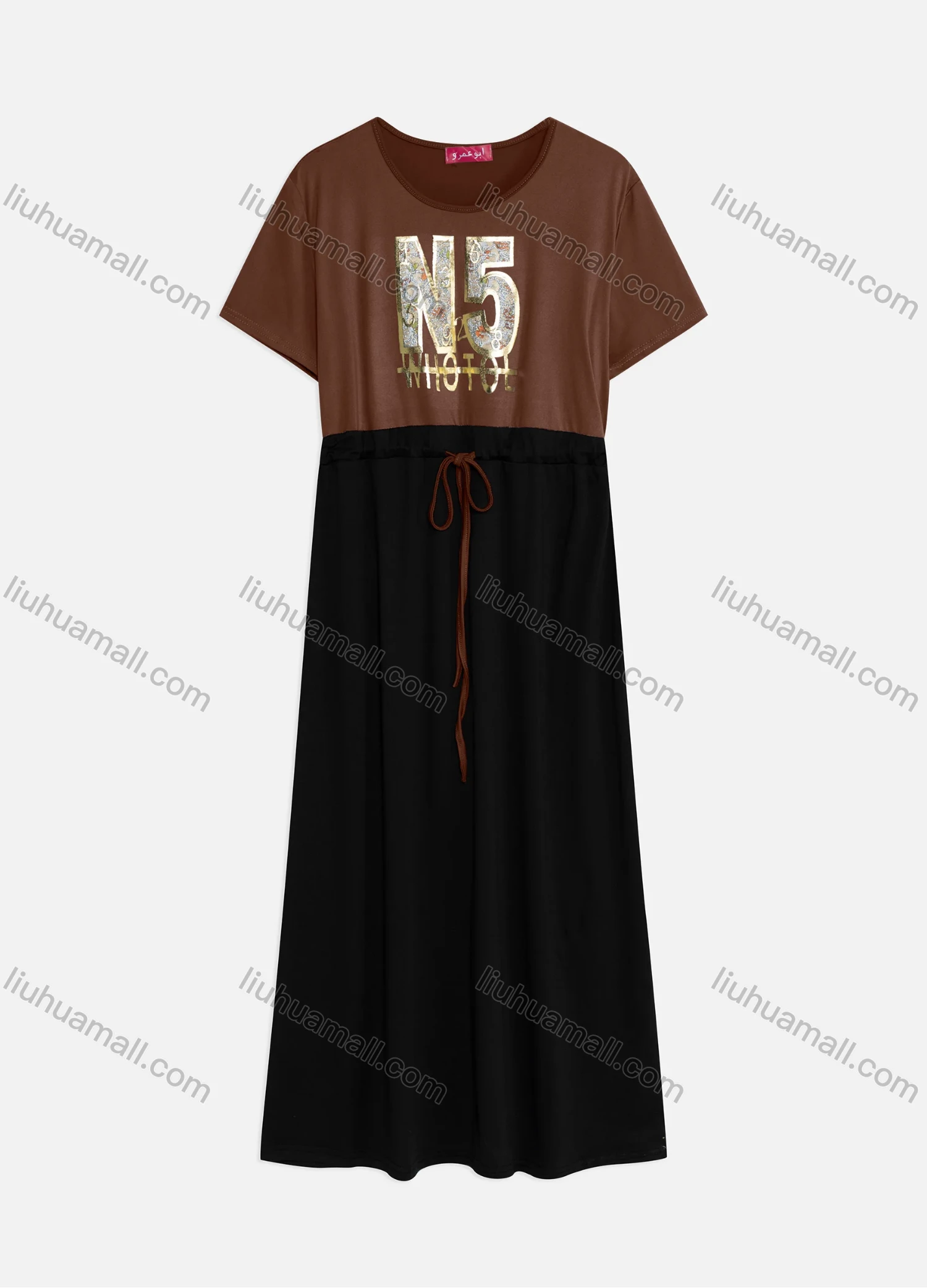 Wholesale Women's Casual Splicing Colorblock Round Neck Short Sleeve Gliding Drawstring Maxi Tee Dress - Liuhuamall