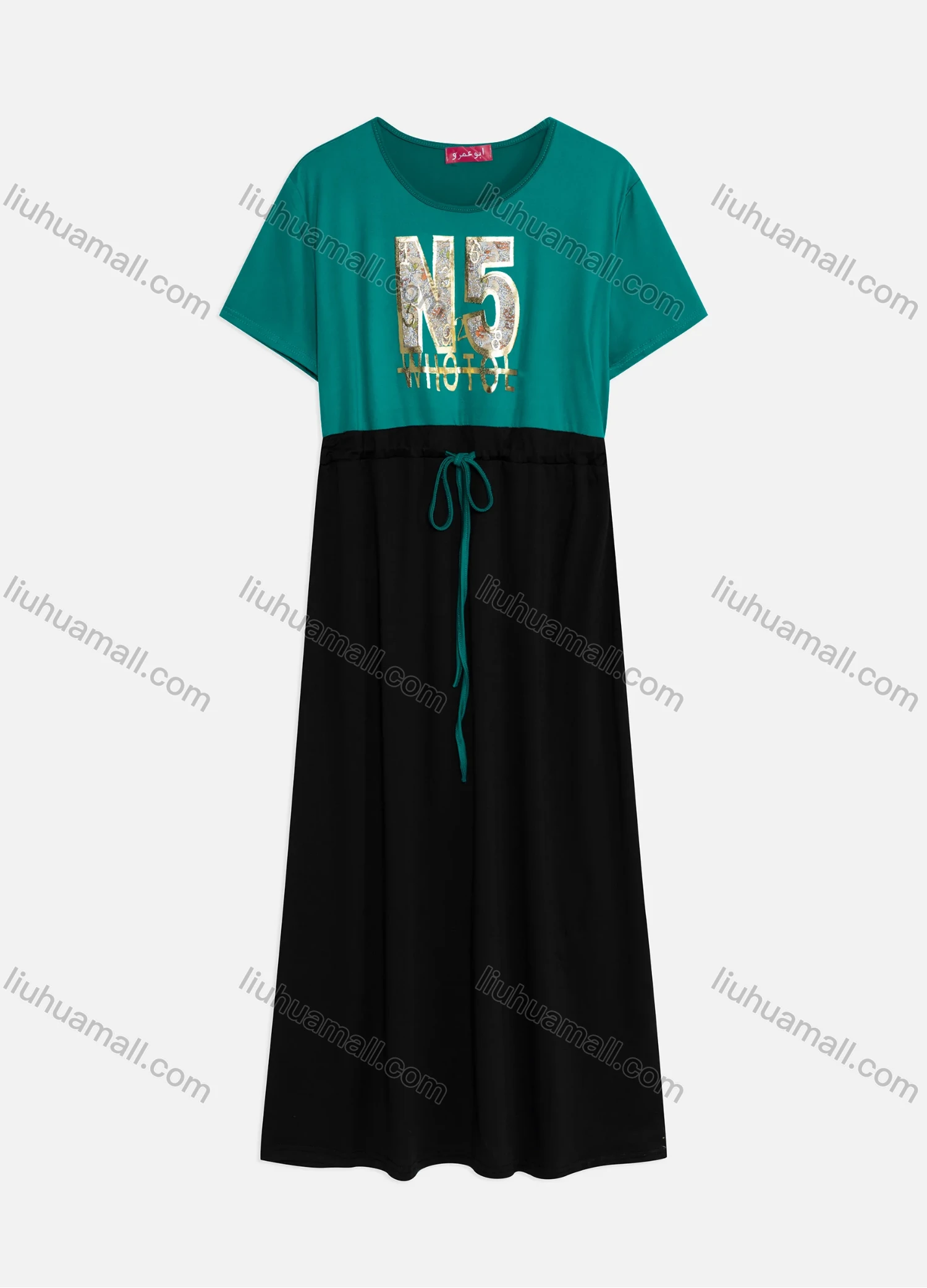 Wholesale Women's Casual Splicing Colorblock Round Neck Short Sleeve Gliding Drawstring Maxi Tee Dress - Liuhuamall
