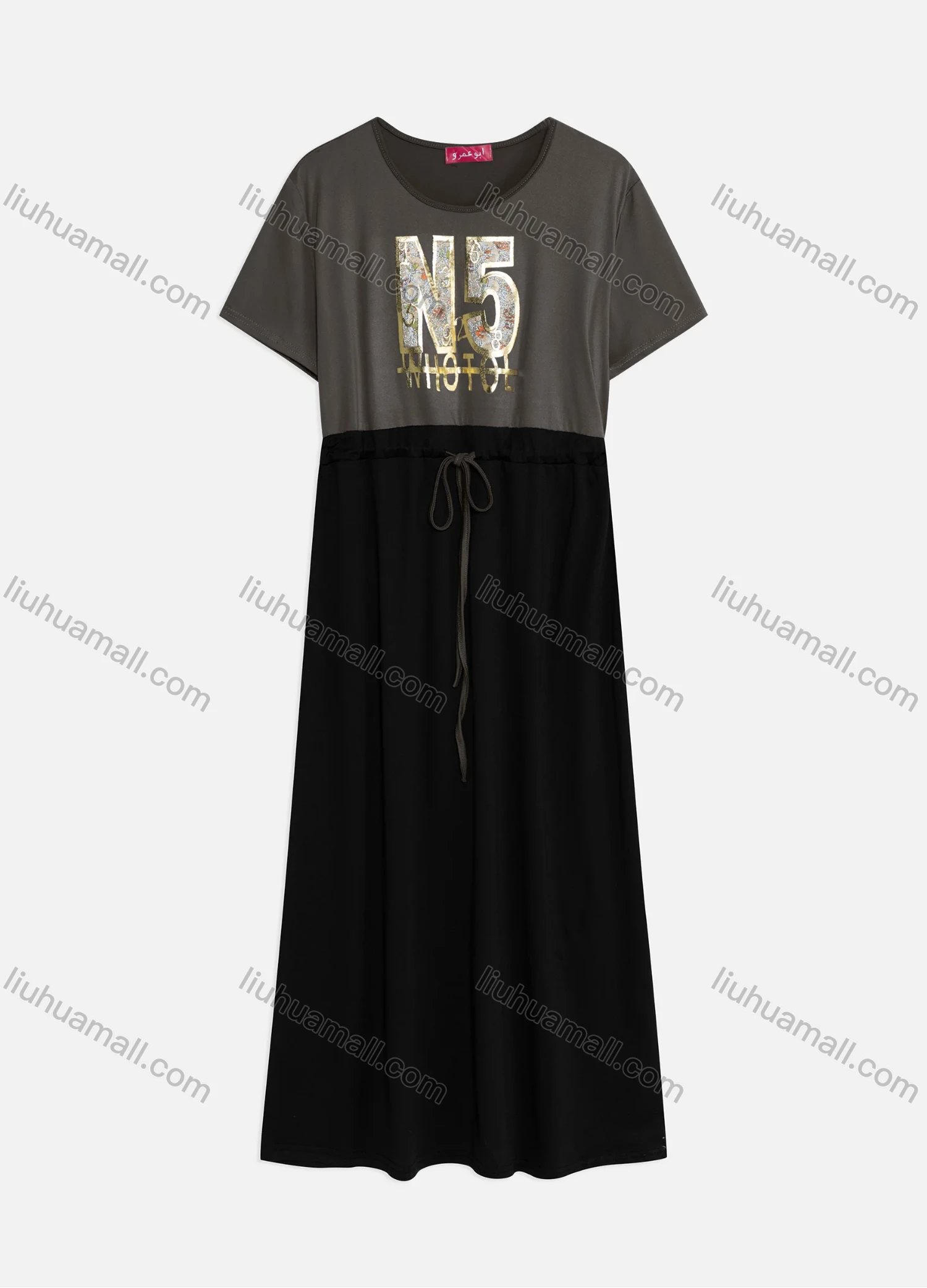 Wholesale Women's Casual Splicing Colorblock Round Neck Short Sleeve Gliding Drawstring Maxi Tee Dress - Liuhuamall