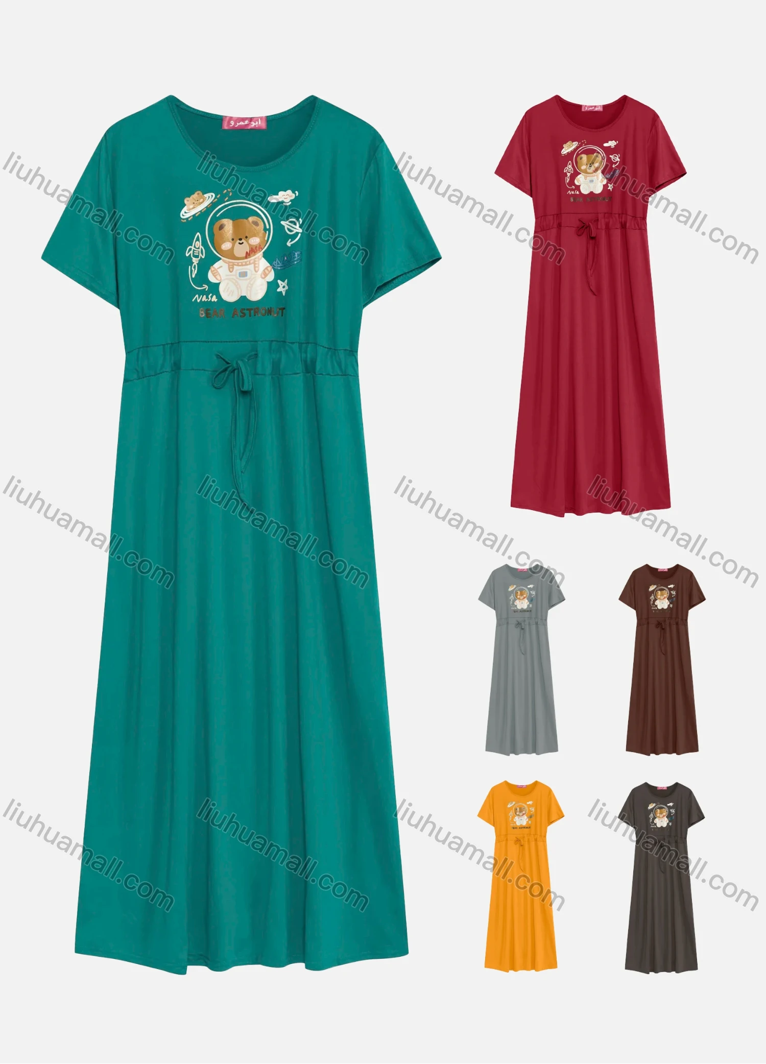 Wholesale Women's Casual Round Neck Short Sleeve Graphic Drawstring Maxi Tee Dress - Liuhuamall