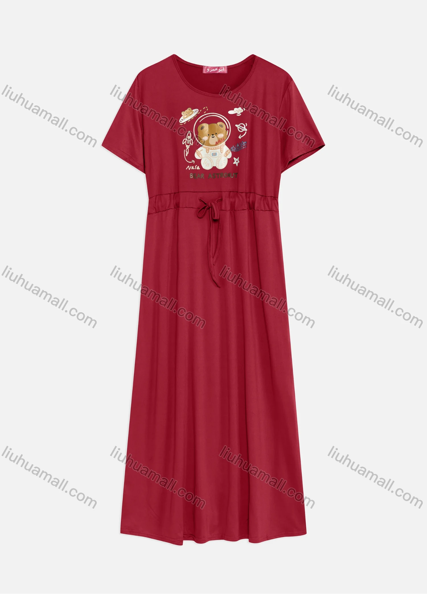 Wholesale Women's Casual Round Neck Short Sleeve Graphic Drawstring Maxi Tee Dress - Liuhuamall