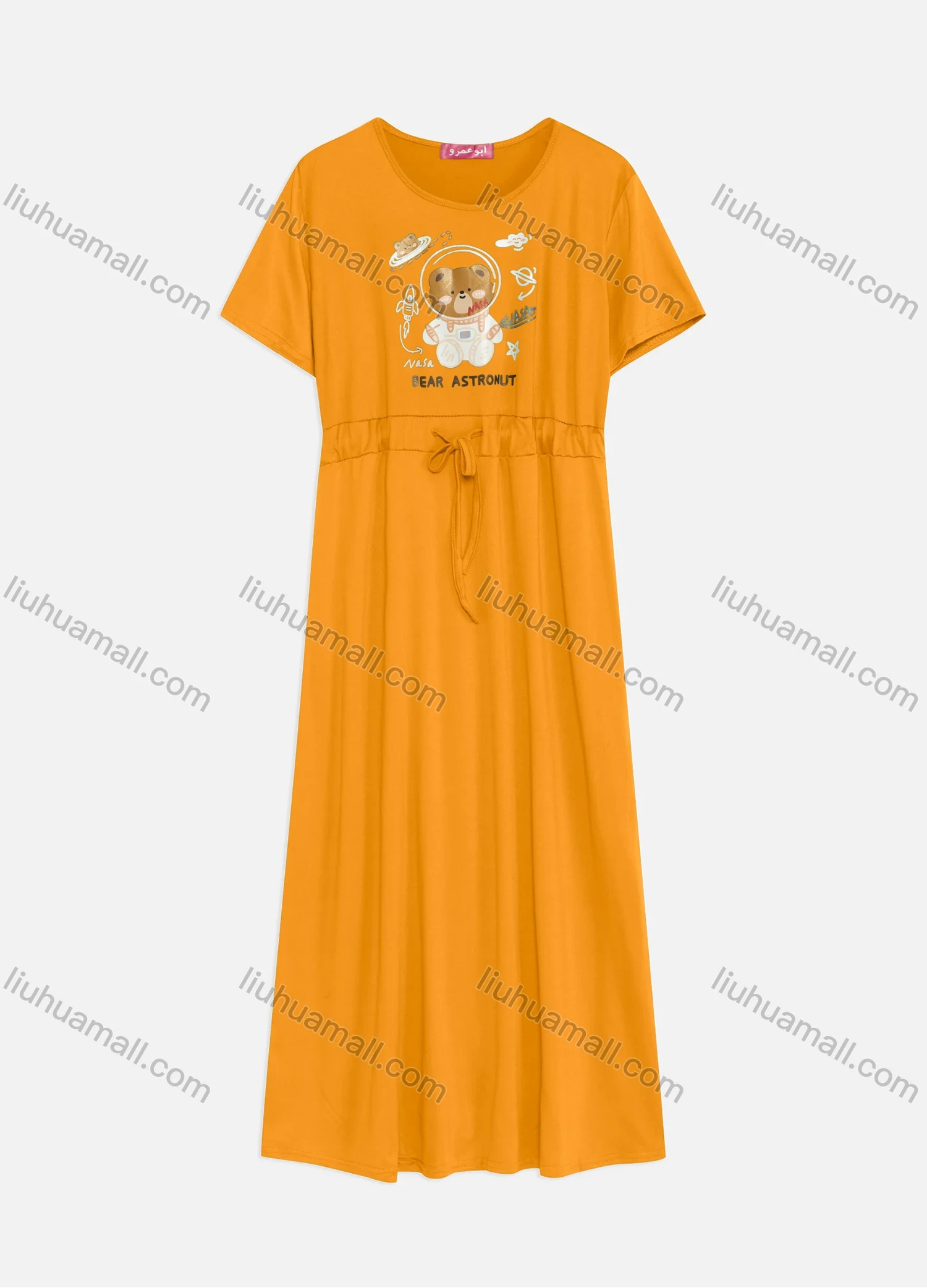 Wholesale Women's Casual Round Neck Short Sleeve Graphic Drawstring Maxi Tee Dress - Liuhuamall