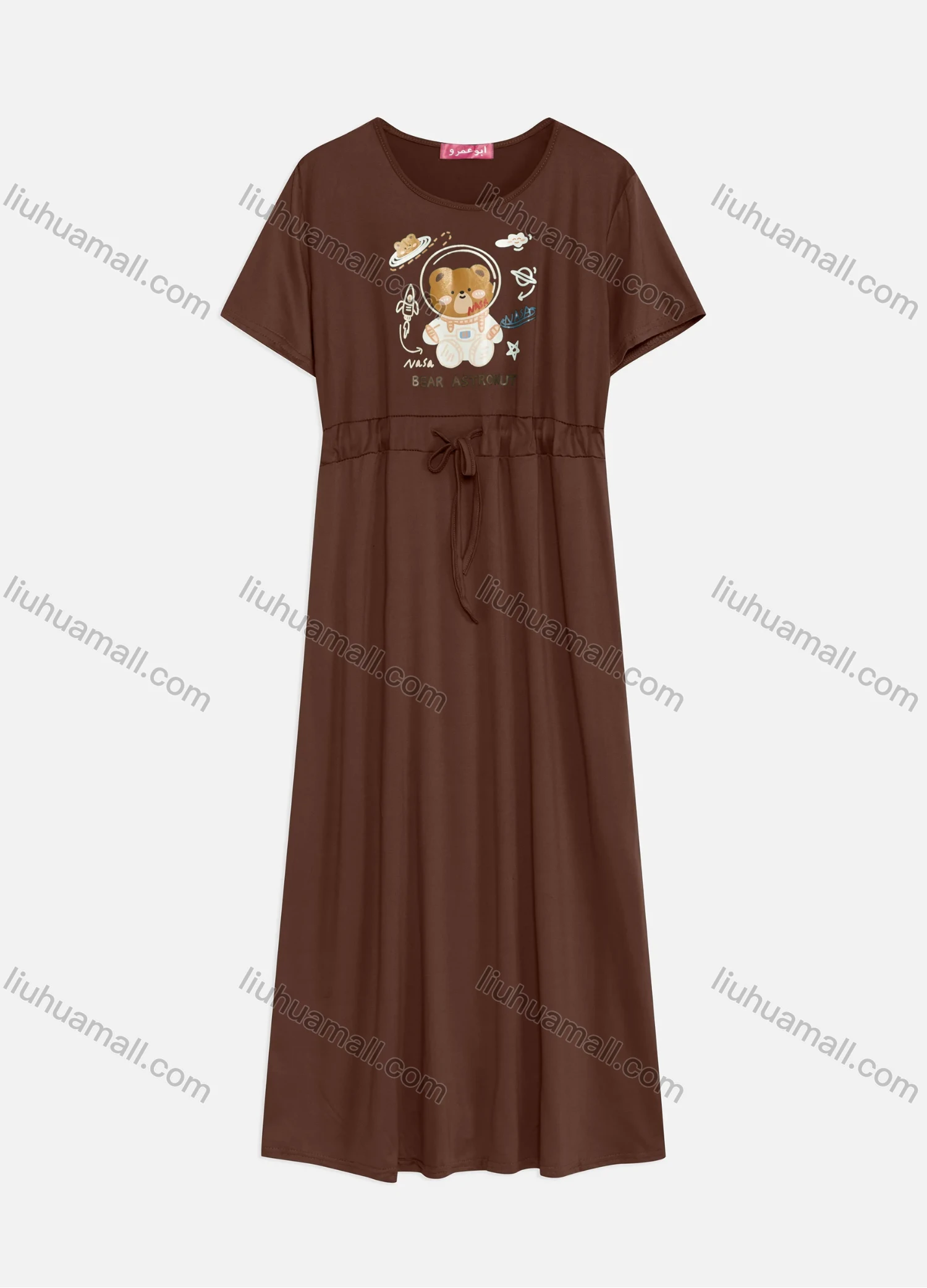 Wholesale Women's Casual Round Neck Short Sleeve Graphic Drawstring Maxi Tee Dress - Liuhuamall