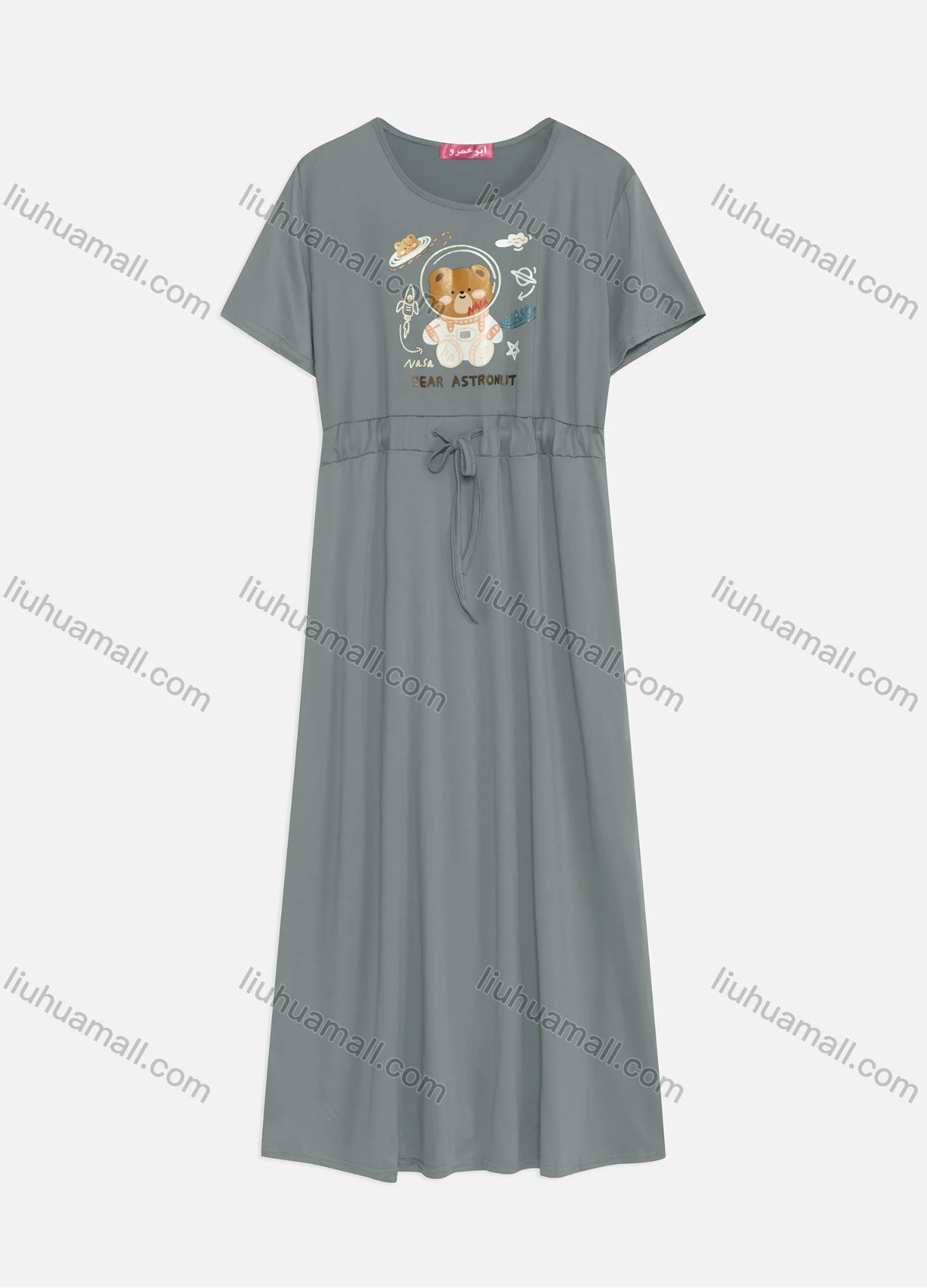 Wholesale Women's Casual Round Neck Short Sleeve Graphic Drawstring Maxi Tee Dress - Liuhuamall