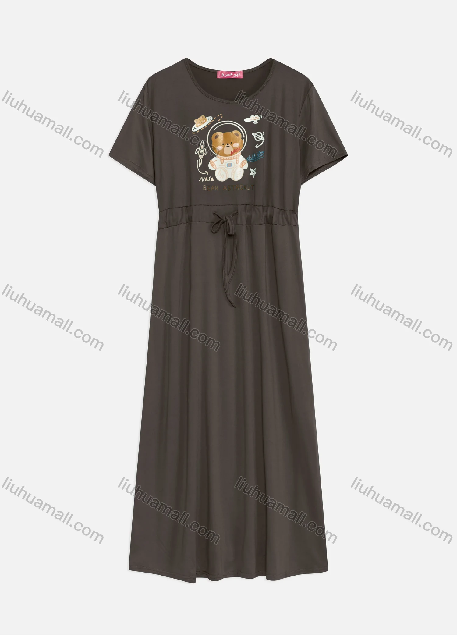 Wholesale Women's Casual Round Neck Short Sleeve Graphic Drawstring Maxi Tee Dress - Liuhuamall