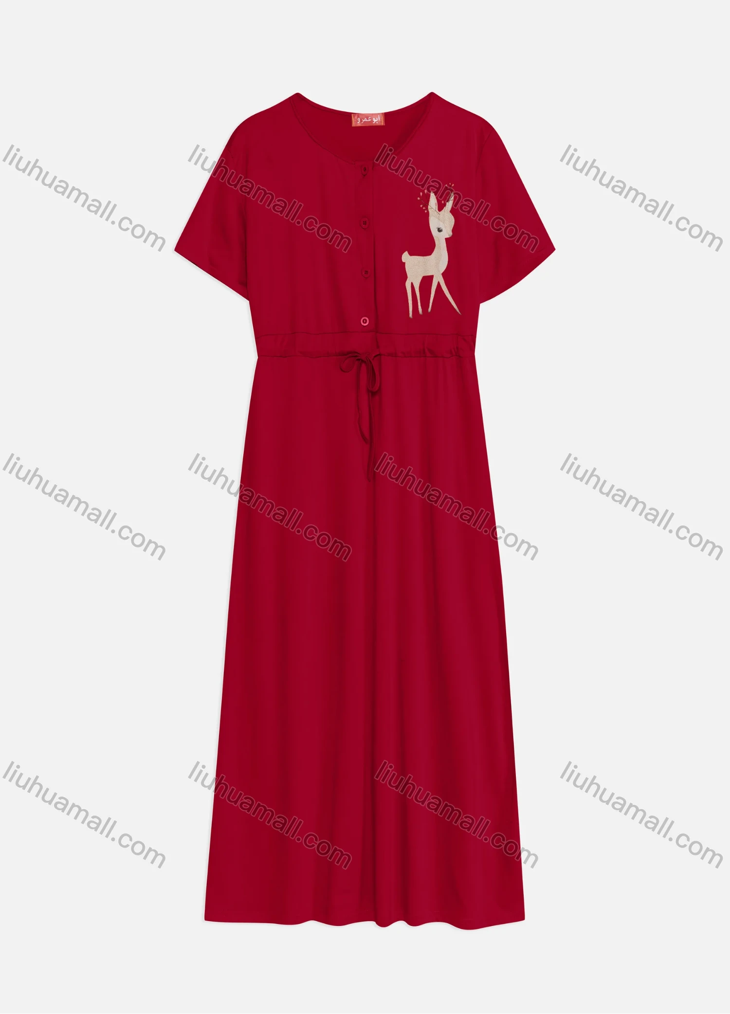 Wholesale Women's Casual Round Neck Short Sleeve Animal Drawstring Buttons Front Maxi Dress - Liuhuamall