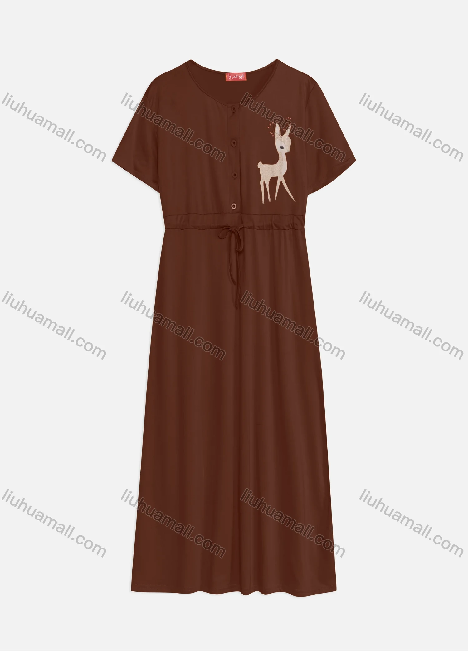 Wholesale Women's Casual Round Neck Short Sleeve Animal Drawstring Buttons Front Maxi Dress - Liuhuamall