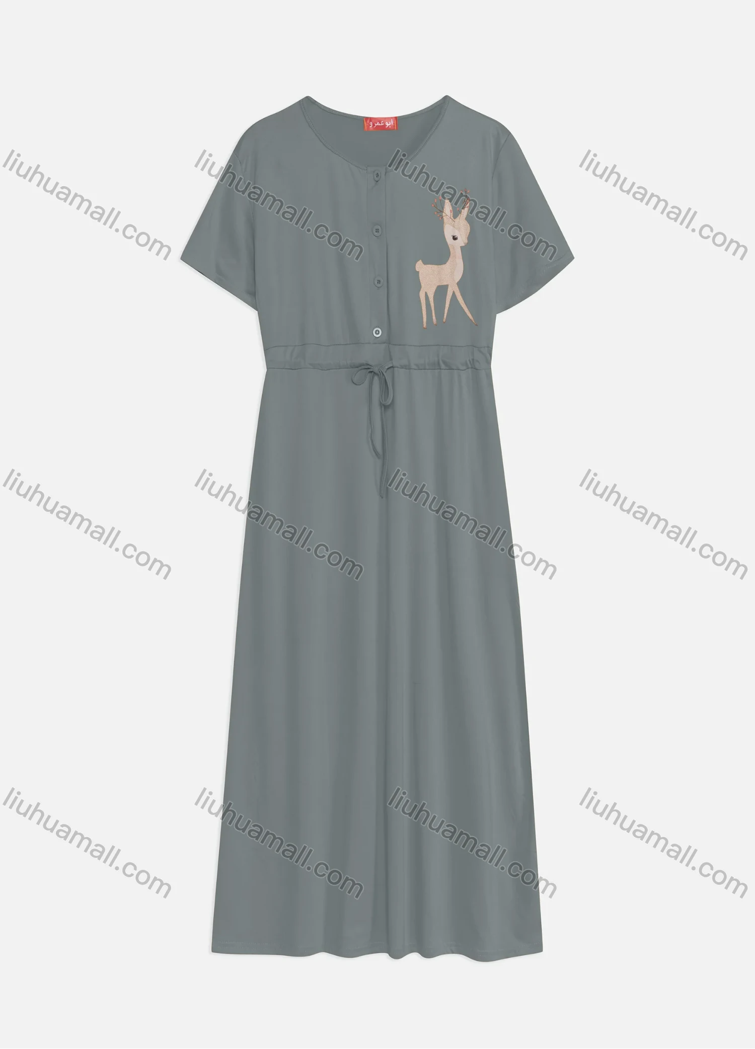 Wholesale Women's Casual Round Neck Short Sleeve Animal Drawstring Buttons Front Maxi Dress - Liuhuamall