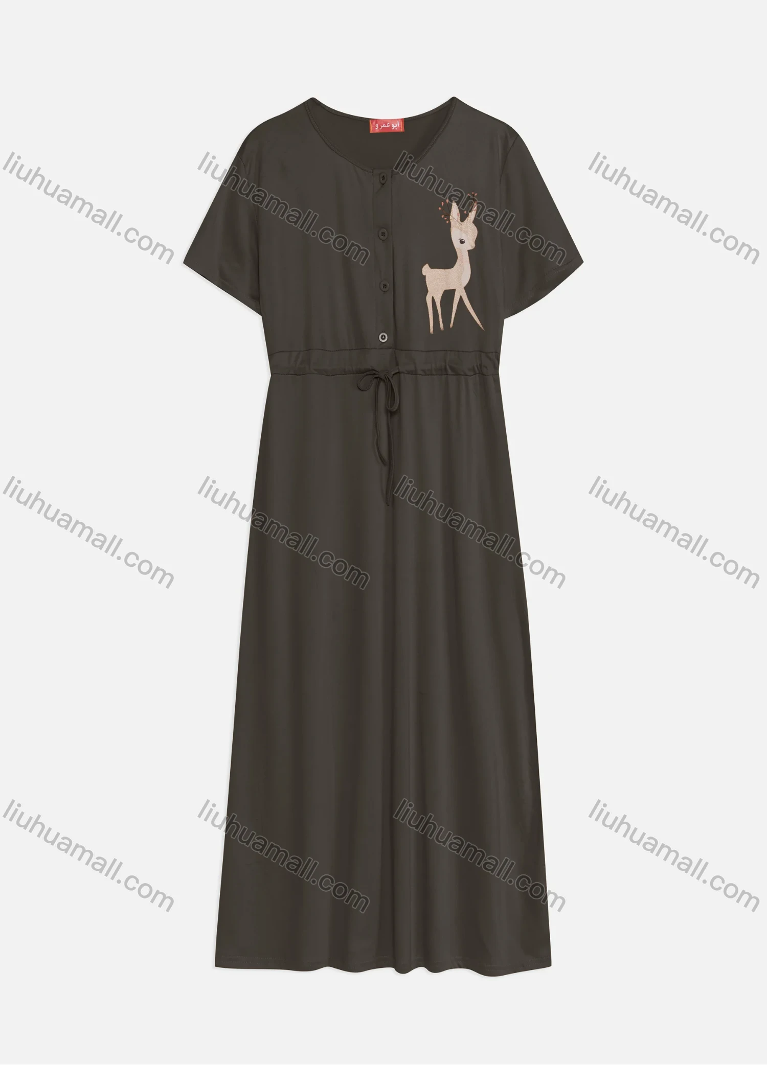 Wholesale Women's Casual Round Neck Short Sleeve Animal Drawstring Buttons Front Maxi Dress - Liuhuamall